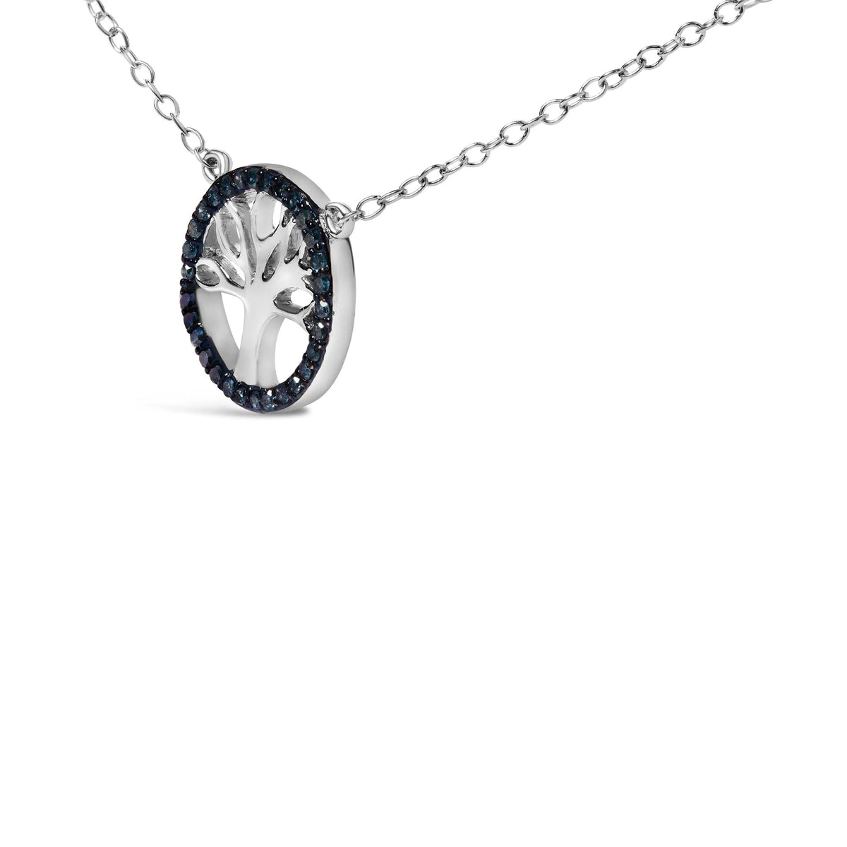 .925 Sterling Silver 1/6 Cttw Blue Diamond Tree of Life and Circle 18&quot; Pendant Necklace (Blue Color, SI1 - SI2 Clarity) - LinkagejewelrydesignLinkagejewelrydesign