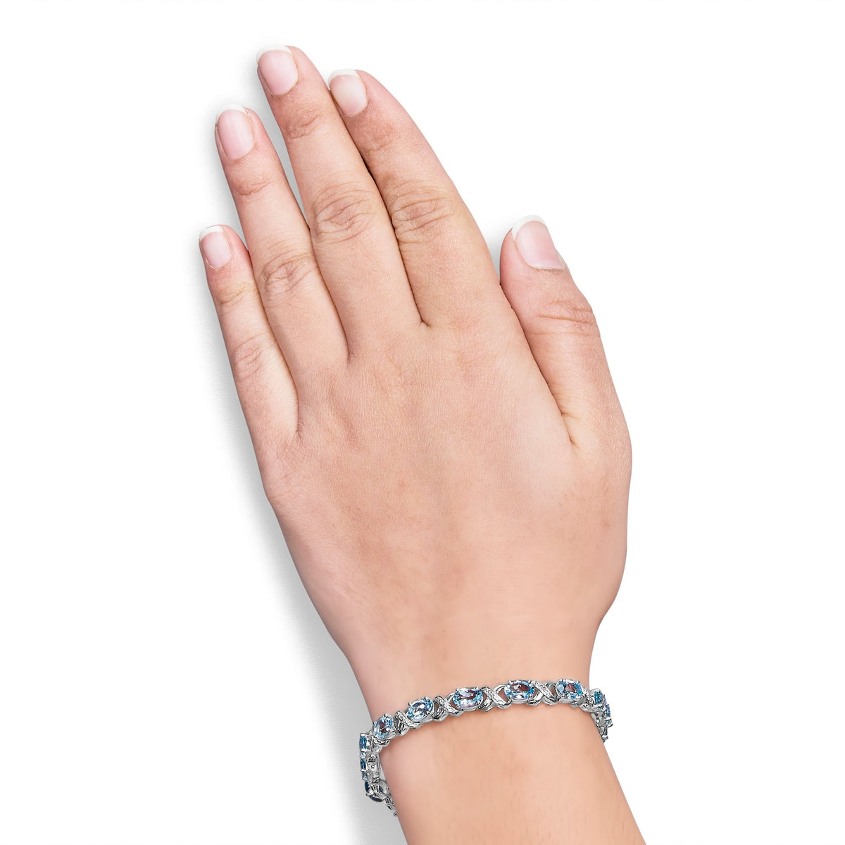 .925 Sterling Silver 16.0 Cttw Oval Blue Topaz and Diamond Accent Tennis X Link Bracelet (I - J Color, I1 - I2 Clarity) - Size 7" Inch - LinkagejewelrydesignLinkagejewelrydesign