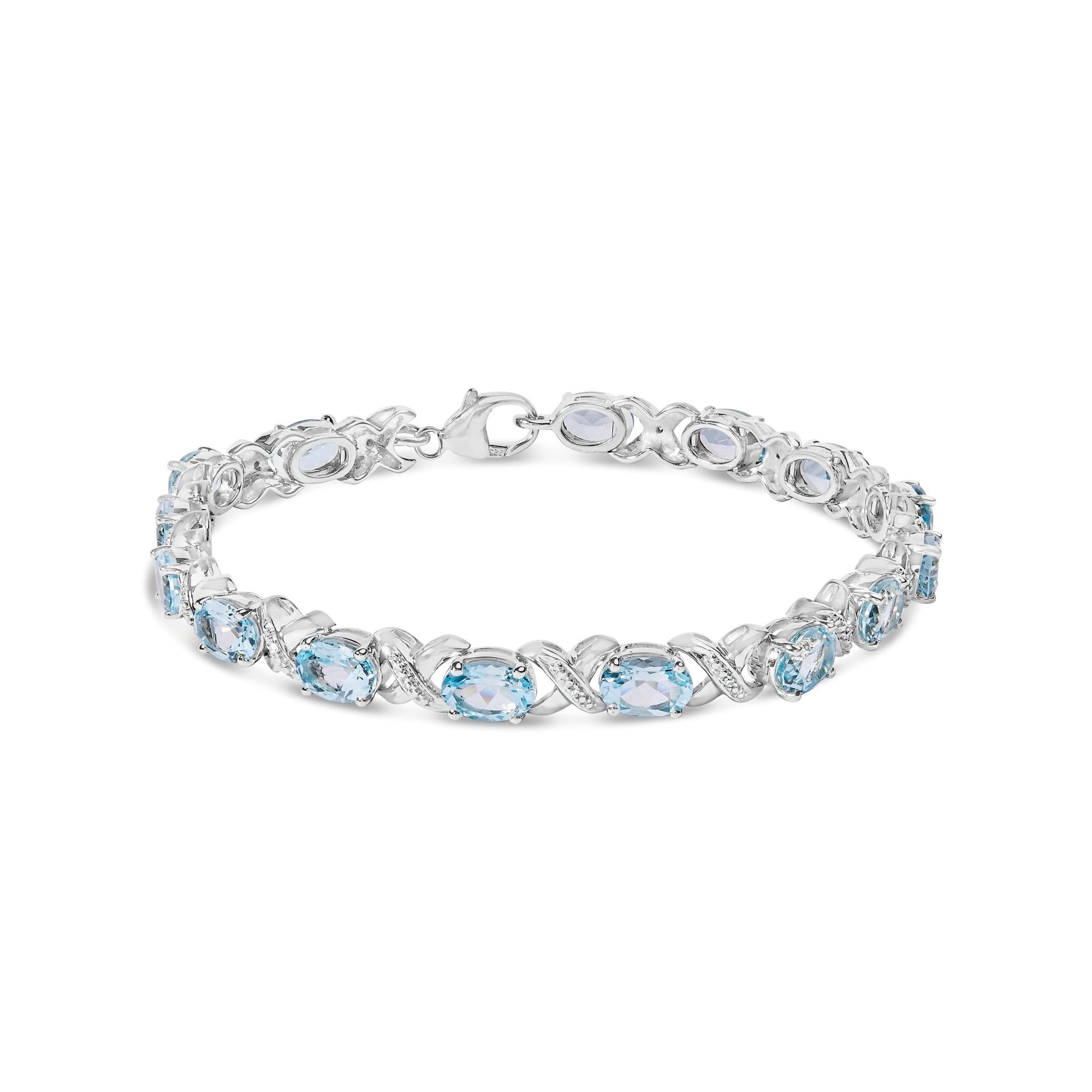 .925 Sterling Silver 16.0 Cttw Oval Blue Topaz and Diamond Accent Tennis X Link Bracelet (I - J Color, I1 - I2 Clarity) - Size 7" Inch - LinkagejewelrydesignLinkagejewelrydesign