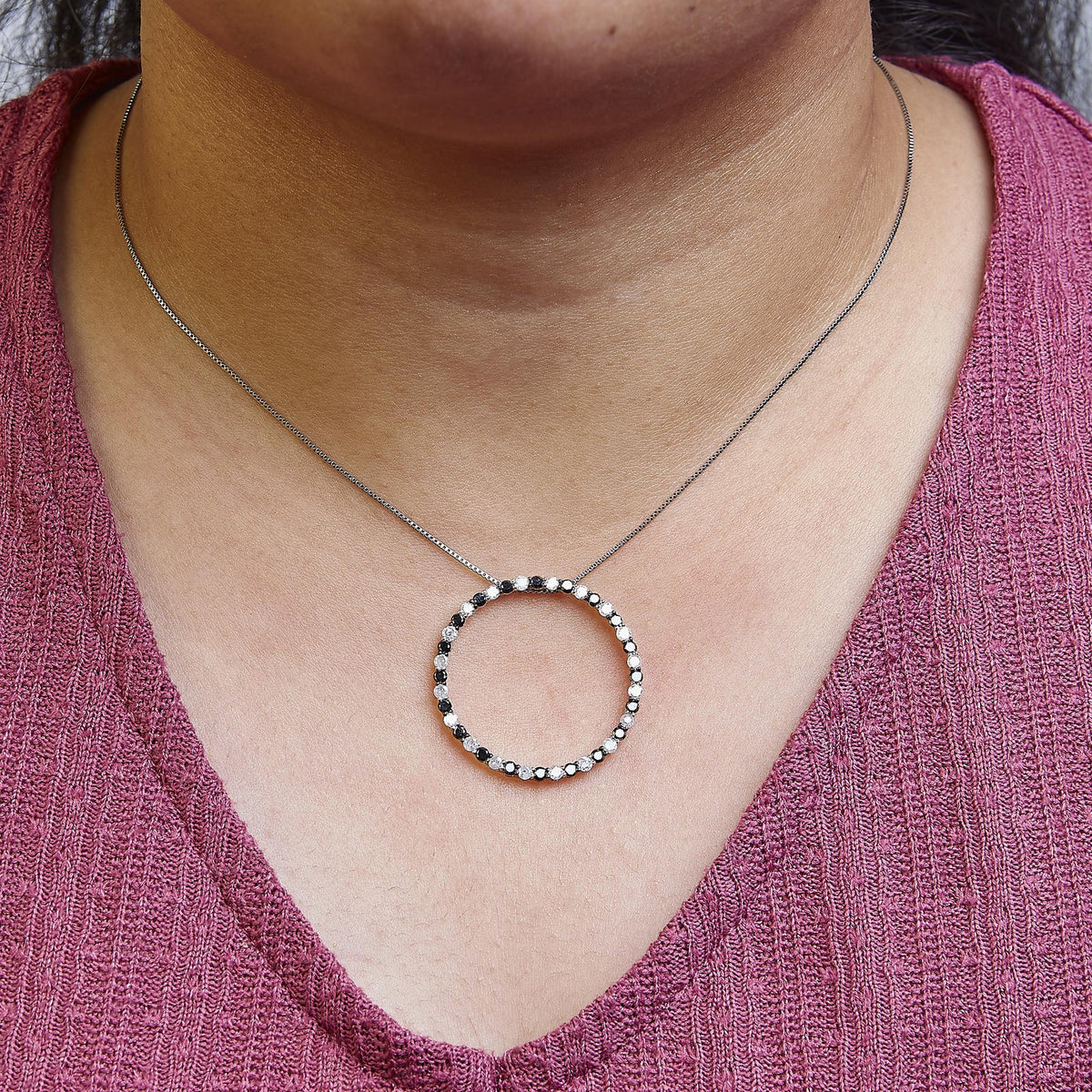 .925 Sterling Silver 2.0 Cttw Round - Cut Natural Treated Black and White Diamond Pendant Necklace - 18&quot; - LinkagejewelrydesignLinkagejewelrydesign