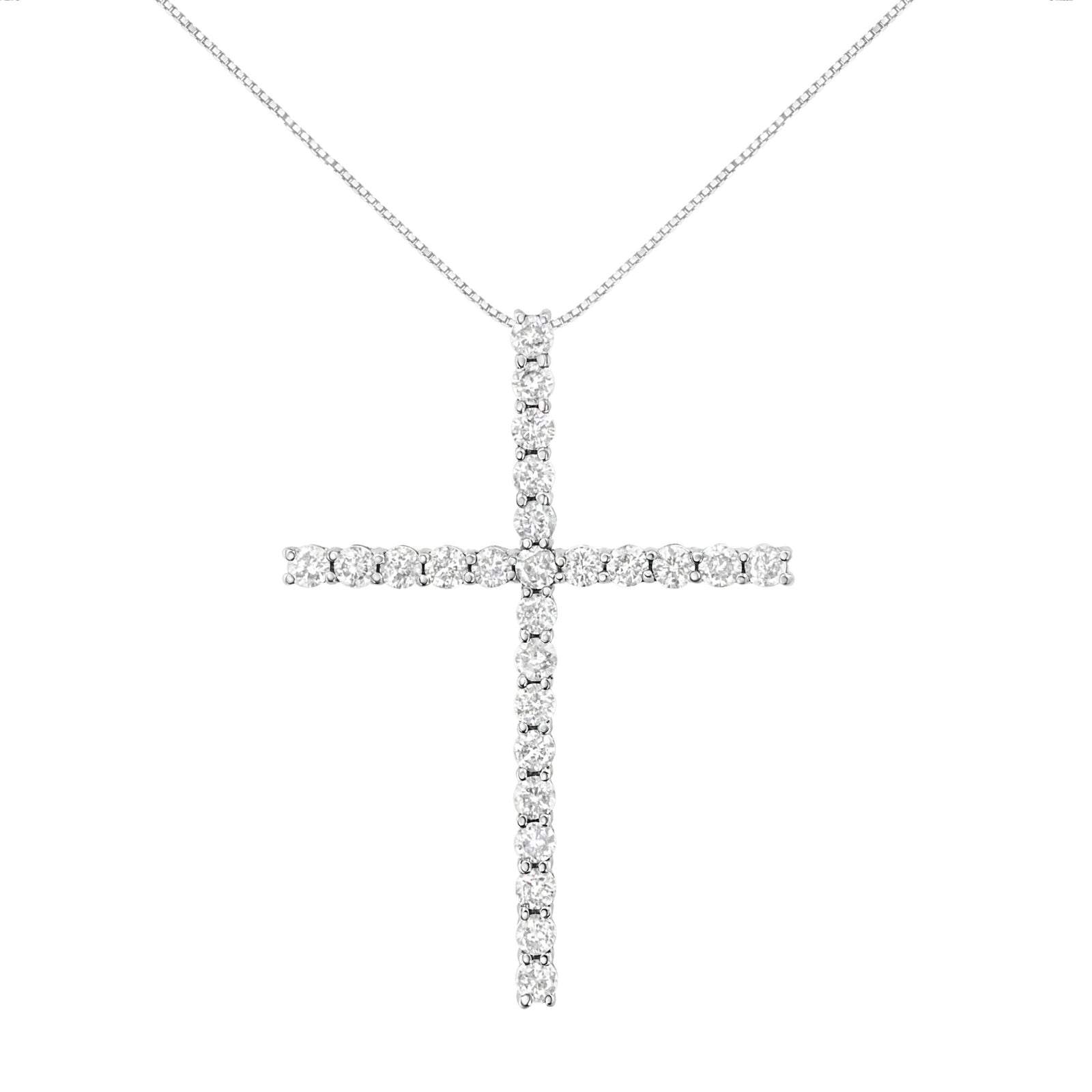 .925 Sterling Silver 3.0 Cttw Round Shape Diamond 1 - 1/2" Cross Pendant with Box Chain Necklace (J - K Color, I2 - I3 Clarity) - 18" - LinkagejewelrydesignLinkagejewelrydesign