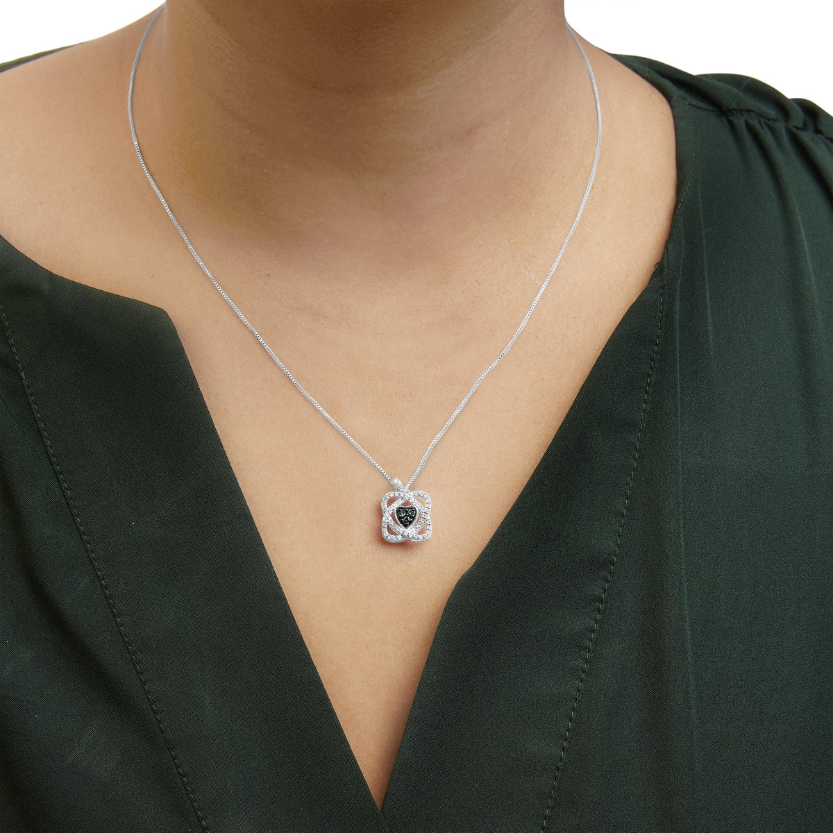 .925 Sterling Silver 3/8 Cttw Blue Diamond Heart and Woven Halo 18&quot; Pendant Necklace (Blue Color, I1 - I2 Clarity) - LinkagejewelrydesignLinkagejewelrydesign