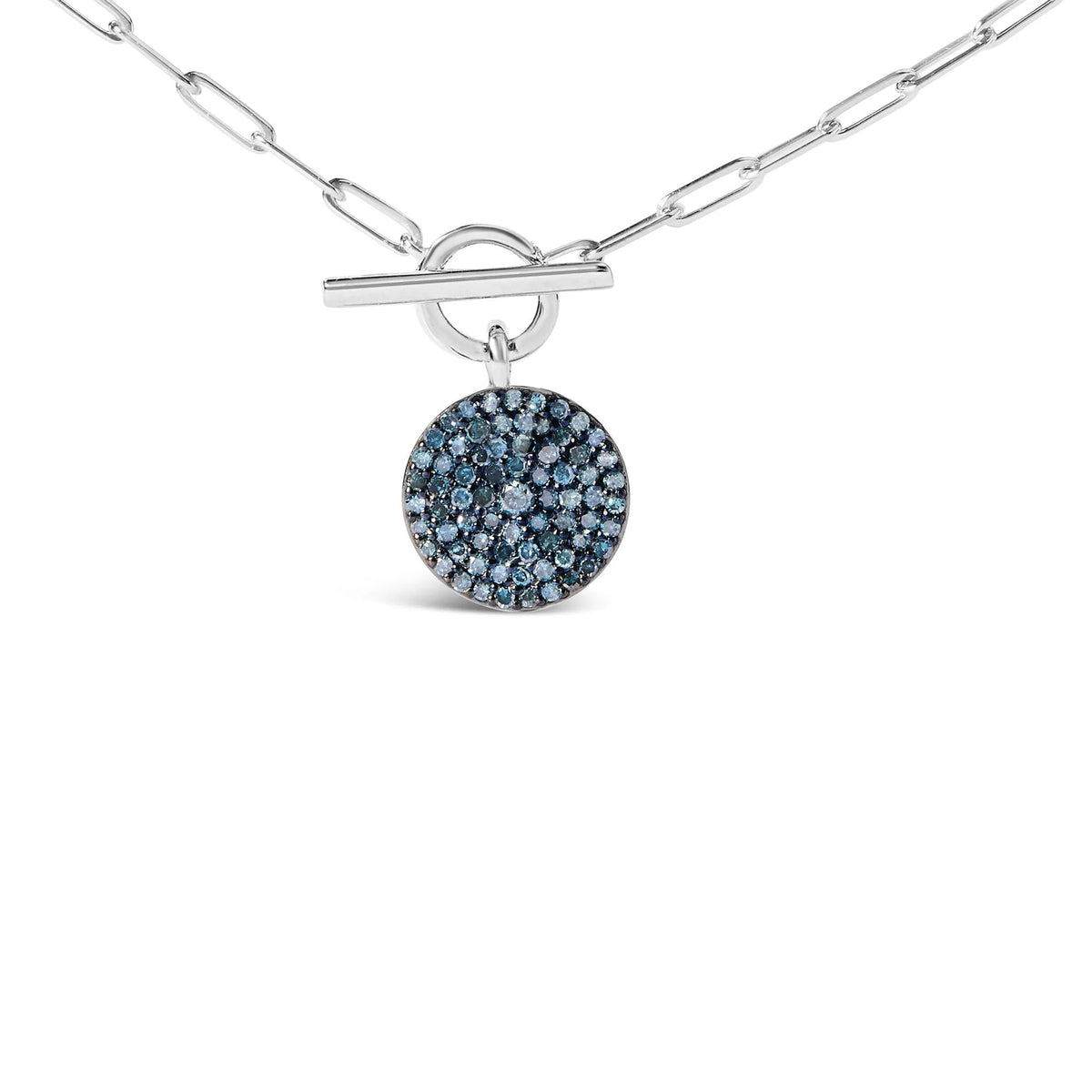 .925 Sterling Silver 3/8 Cttw Blue Diamond Medallion with Toggle Bale Paperclip Chain Pendant Necklace (Blue Color, SI1 - SI2 Clarity) - 18&quot; Inches - LinkagejewelrydesignLinkagejewelrydesign