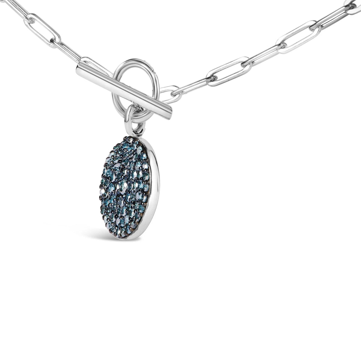 .925 Sterling Silver 3/8 Cttw Blue Diamond Medallion with Toggle Bale Paperclip Chain Pendant Necklace (Blue Color, SI1 - SI2 Clarity) - 18&quot; Inches - LinkagejewelrydesignLinkagejewelrydesign