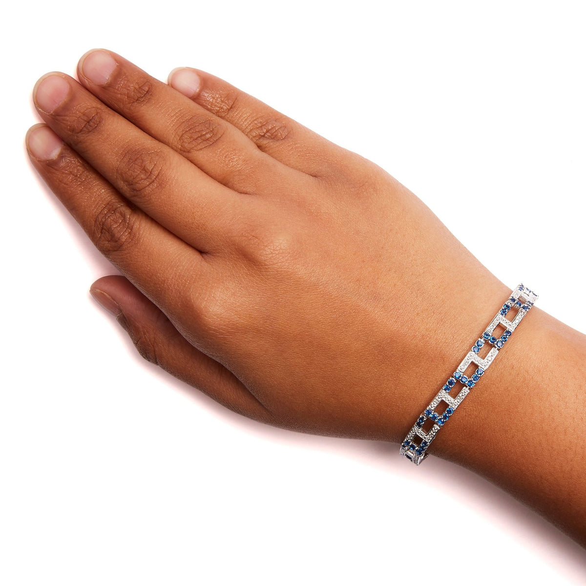 .925 Sterling Silver 4 4/5 Cttw Created Blue Sapphire and Diamond Accent Art Deco Style Open Link Tennis Bracelet (I - J Color, I3 Clarity) - 7.5 inches" - LinkagejewelrydesignLinkagejewelrydesign