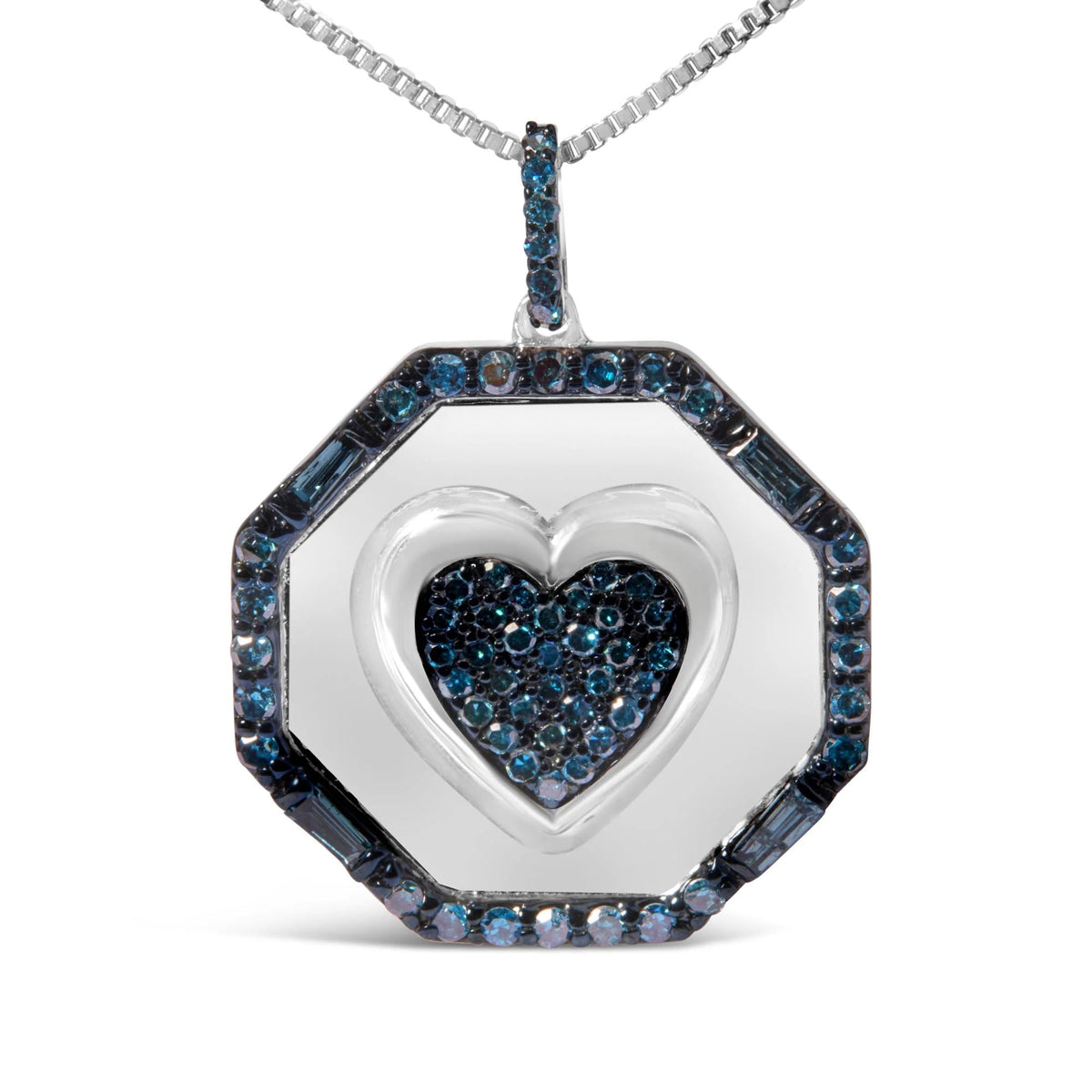 .925 Sterling Silver 5/8 Cttw Blue Diamond Mirror Plate with Heart and Diamond Halo 18&quot; Pendant Necklace (Blue Color, I2 - I3 Clarity) - LinkagejewelrydesignLinkagejewelrydesign
