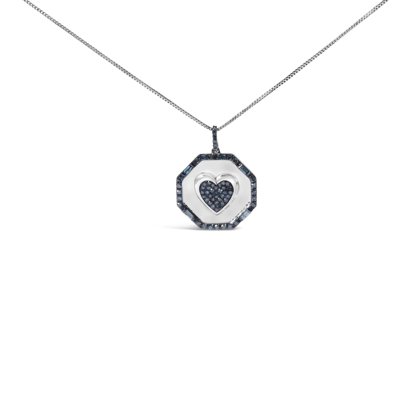 .925 Sterling Silver 5/8 Cttw Blue Diamond Mirror Plate with Heart and Diamond Halo 18" Pendant Necklace (Blue Color, I2 - I3 Clarity) - LinkagejewelrydesignLinkagejewelrydesign