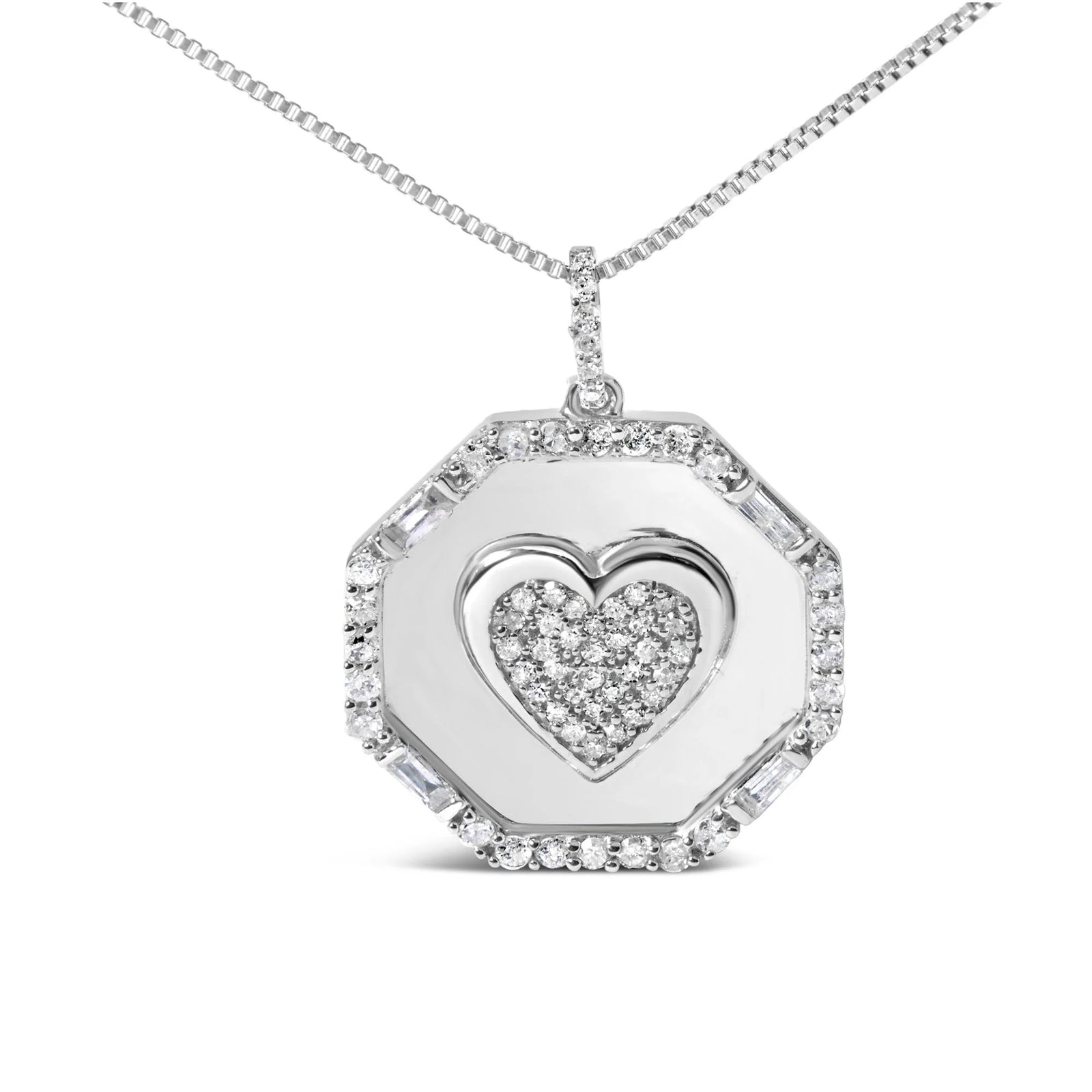 .925 Sterling Silver 5/8 Cttw Diamond Mirror Plate with Heart and Diamond Halo 18" Pendant Necklace (H - I Color, I2 - I3 Clarity) - LinkagejewelrydesignLinkagejewelrydesign