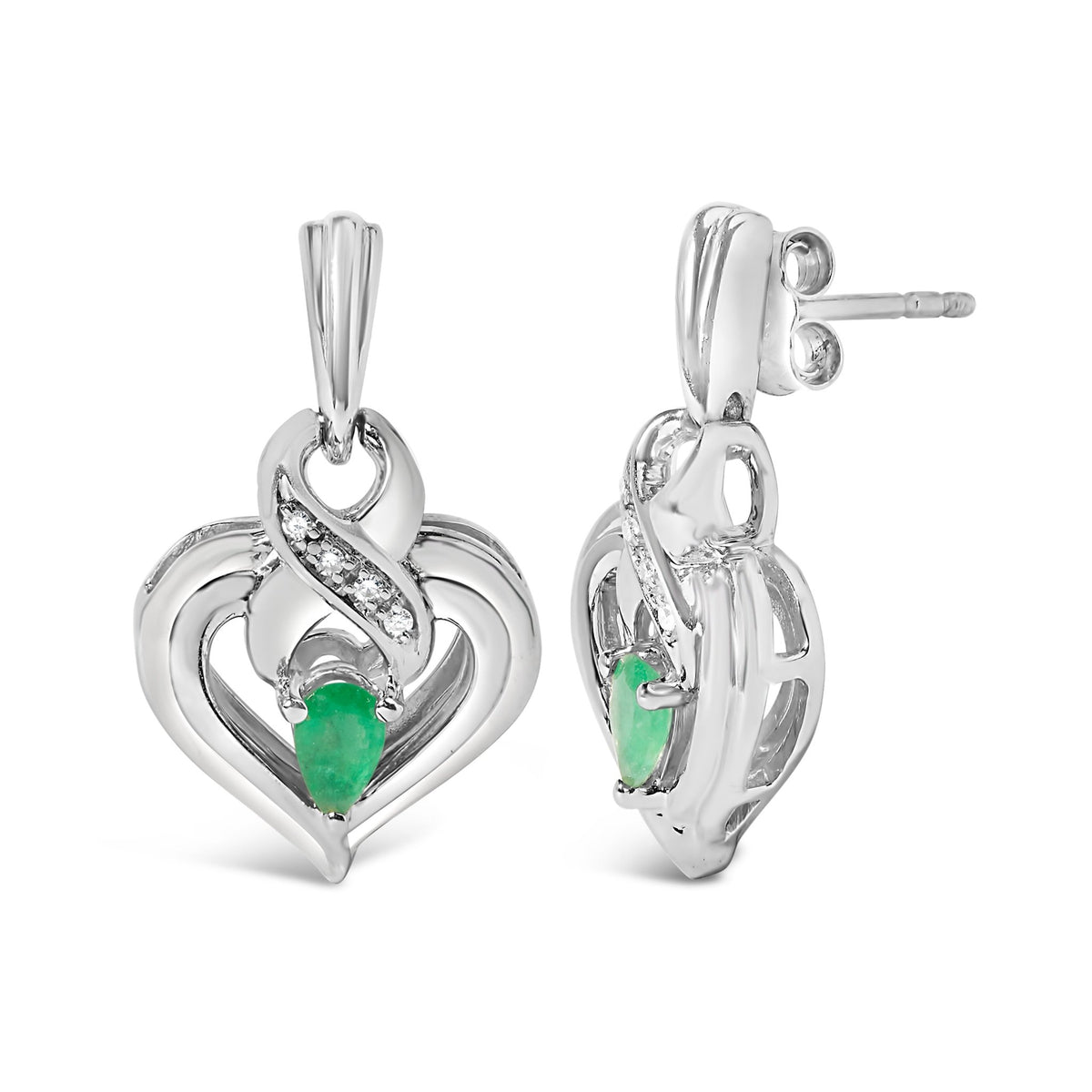 .925 Sterling Silver 5x3mm Pear Emerald Gemstone with Diamond Accent Heart Dangle Stud Earrings (H - I Color, SI1 - SI2 Clarity) - LinkagejewelrydesignLinkagejewelrydesign
