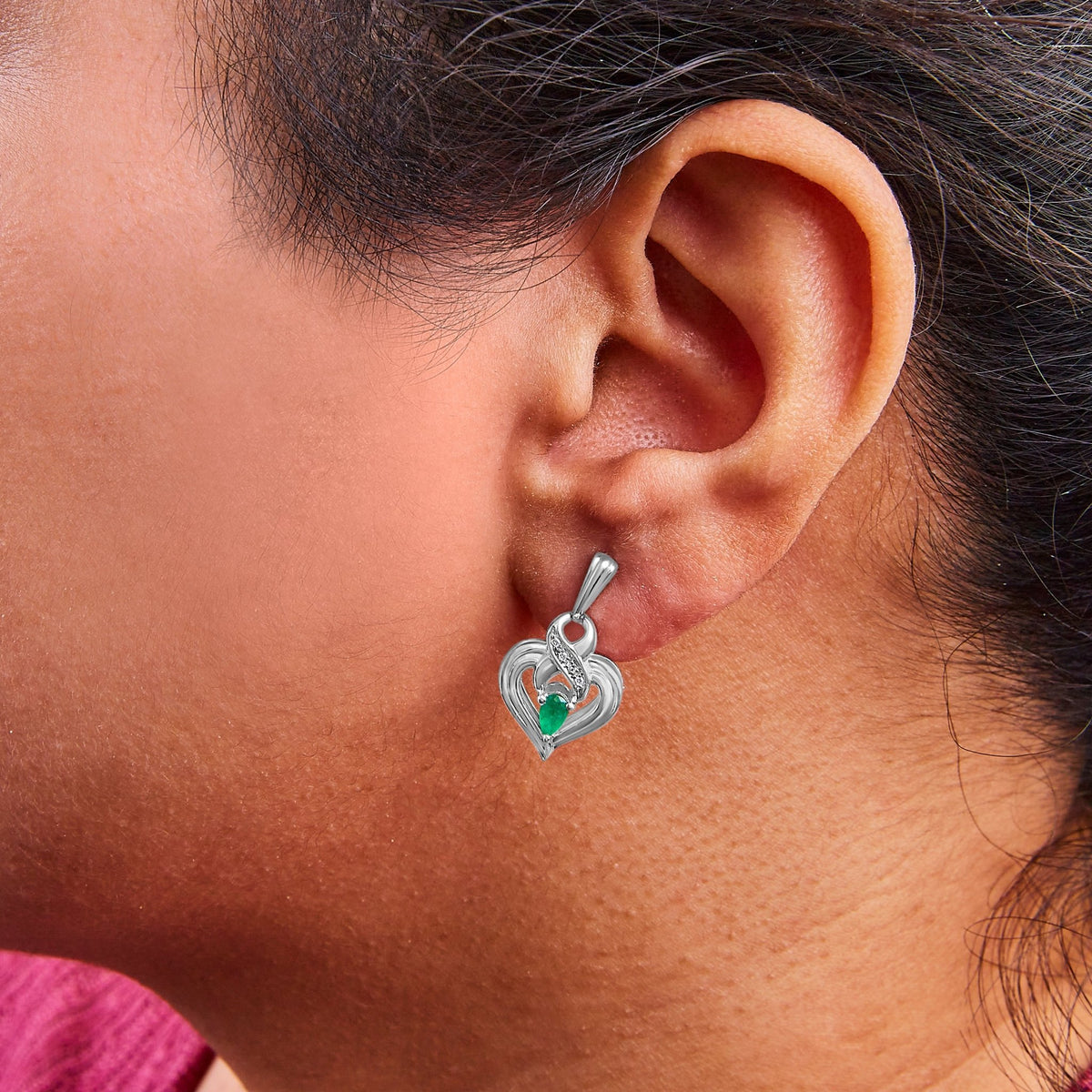 .925 Sterling Silver 5x3mm Pear Emerald Gemstone with Diamond Accent Heart Dangle Stud Earrings (H - I Color, SI1 - SI2 Clarity) - LinkagejewelrydesignLinkagejewelrydesign