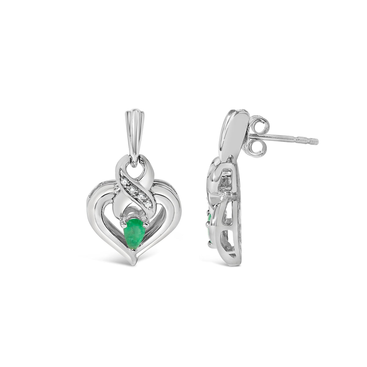 .925 Sterling Silver 5x3mm Pear Emerald Gemstone with Diamond Accent Heart Dangle Stud Earrings (H - I Color, SI1 - SI2 Clarity) - LinkagejewelrydesignLinkagejewelrydesign