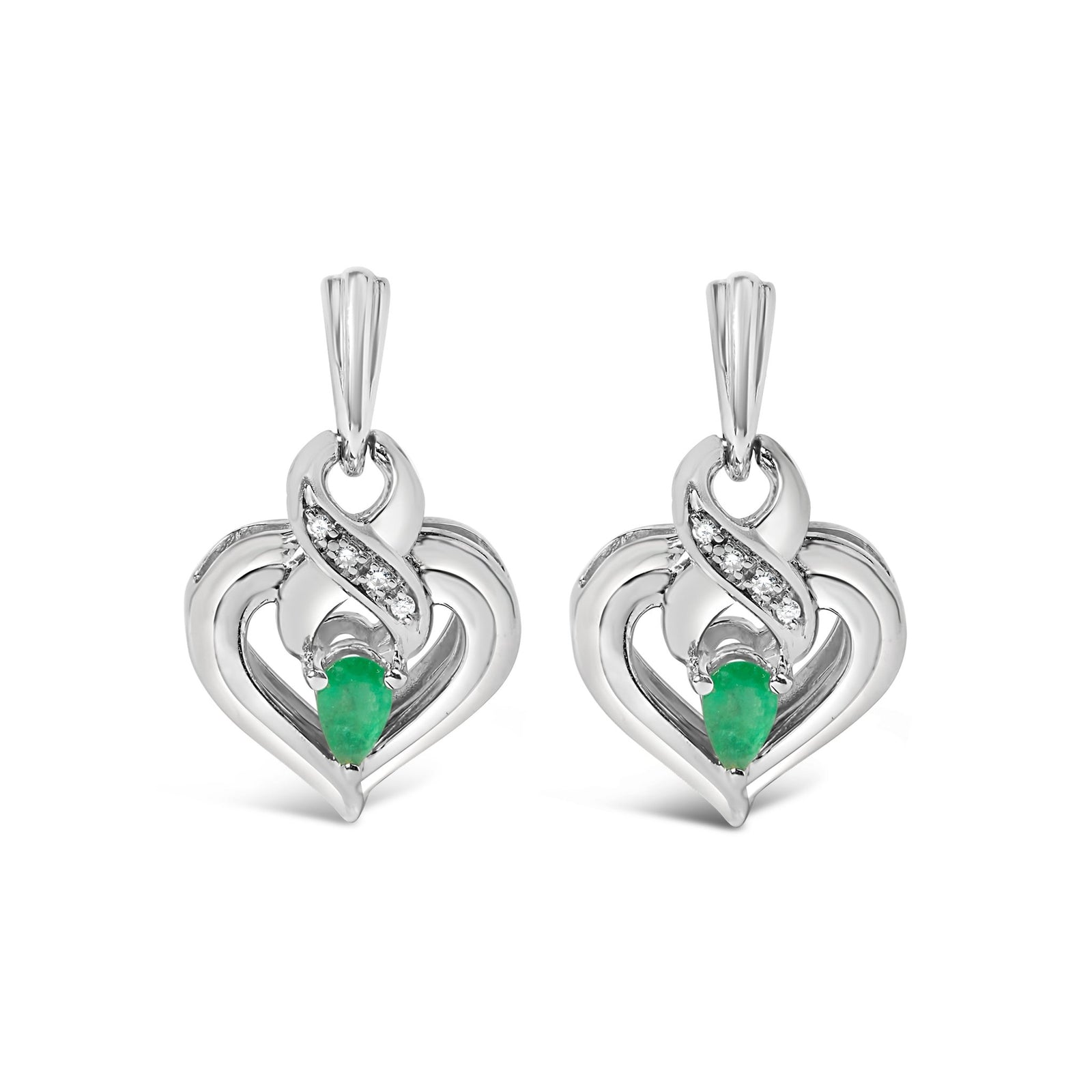 .925 Sterling Silver 5x3mm Pear Emerald Gemstone with Diamond Accent Heart Dangle Stud Earrings (H - I Color, SI1 - SI2 Clarity) - LinkagejewelrydesignLinkagejewelrydesign