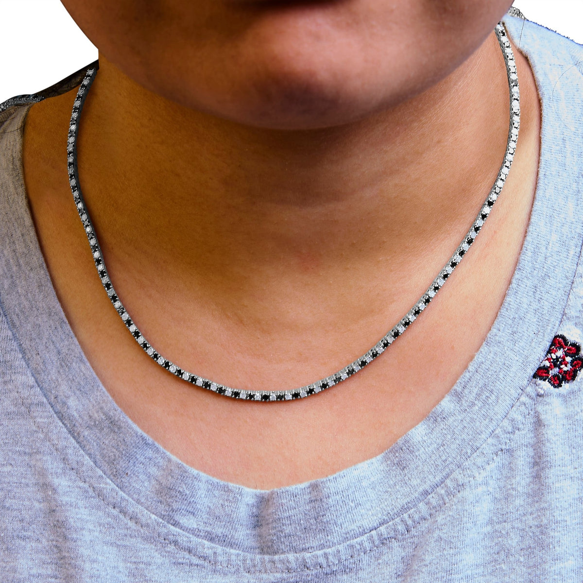.925 Sterling Silver 7.0 Carat Alternating White and Black Diamond Tennis Necklace (Black/I - J Color, I2 - I3 Clarity) - 16 - 18&quot; Inches - LinkagejewelrydesignLinkagejewelrydesign
