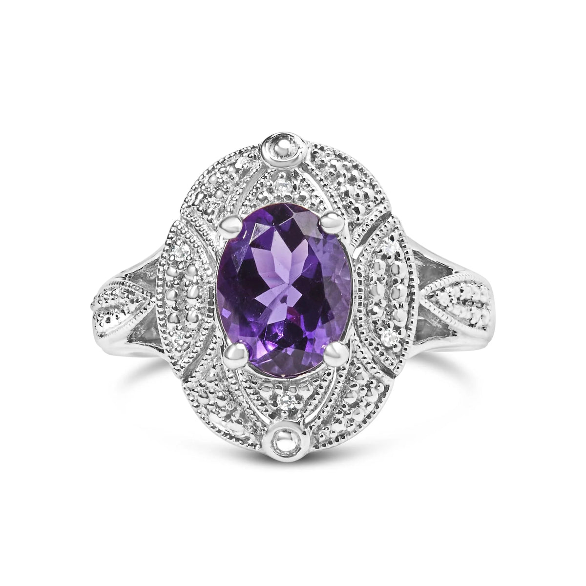 .925 Sterling Silver 9x7mm Oval Purple Amethyst and Round Diamond Accent Fashion Cocktail Ring (I - J Color, I1 - I2 Clarity) - LinkagejewelrydesignLinkagejewelrydesign