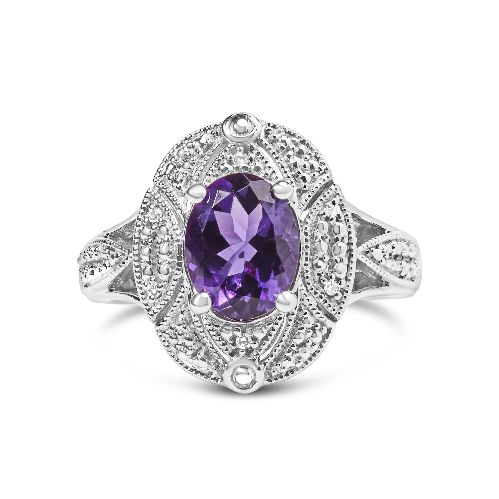 .925 Sterling Silver 9x7mm Oval Purple Amethyst and Round Diamond Accent Fashion Cocktail Ring (I - J Color, I1 - I2 Clarity) - LinkagejewelrydesignLinkagejewelrydesign