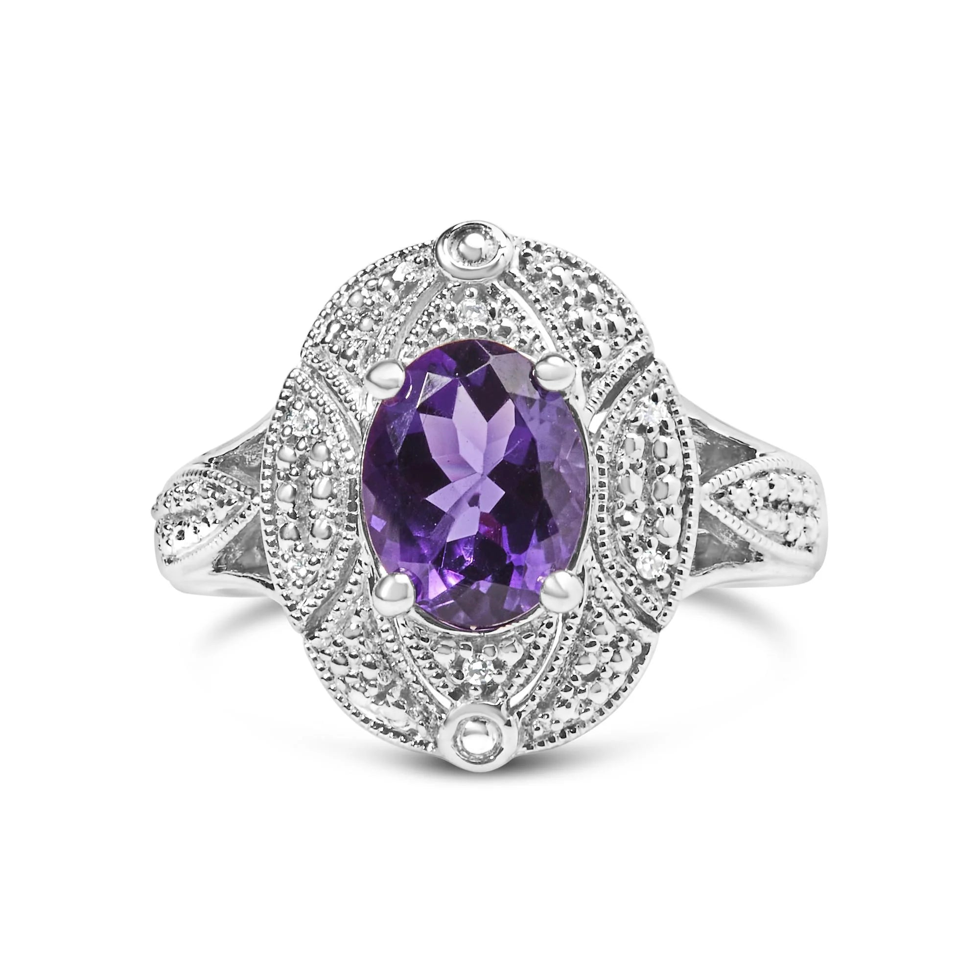 .925 Sterling Silver 9x7mm Oval Purple Amethyst and Round Diamond Accent Fashion Cocktail Ring (I - J Color, I1 - I2 Clarity) - LinkagejewelrydesignLinkagejewelrydesign