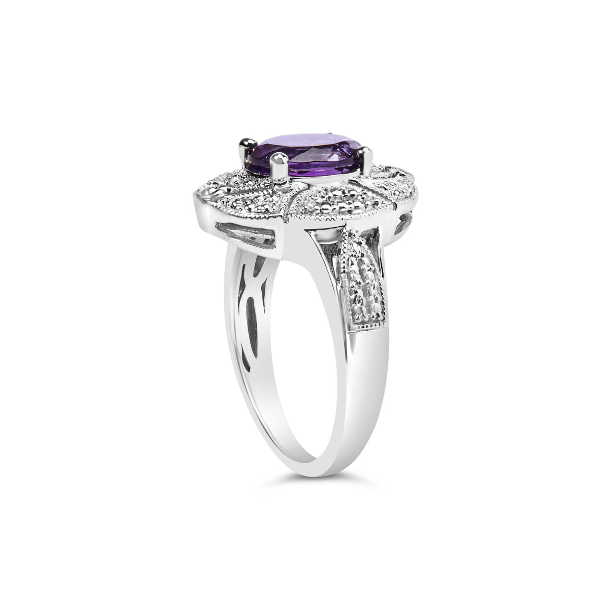 .925 Sterling Silver 9x7mm Oval Purple Amethyst and Round Diamond Accent Fashion Cocktail Ring (I - J Color, I1 - I2 Clarity) - LinkagejewelrydesignLinkagejewelrydesign