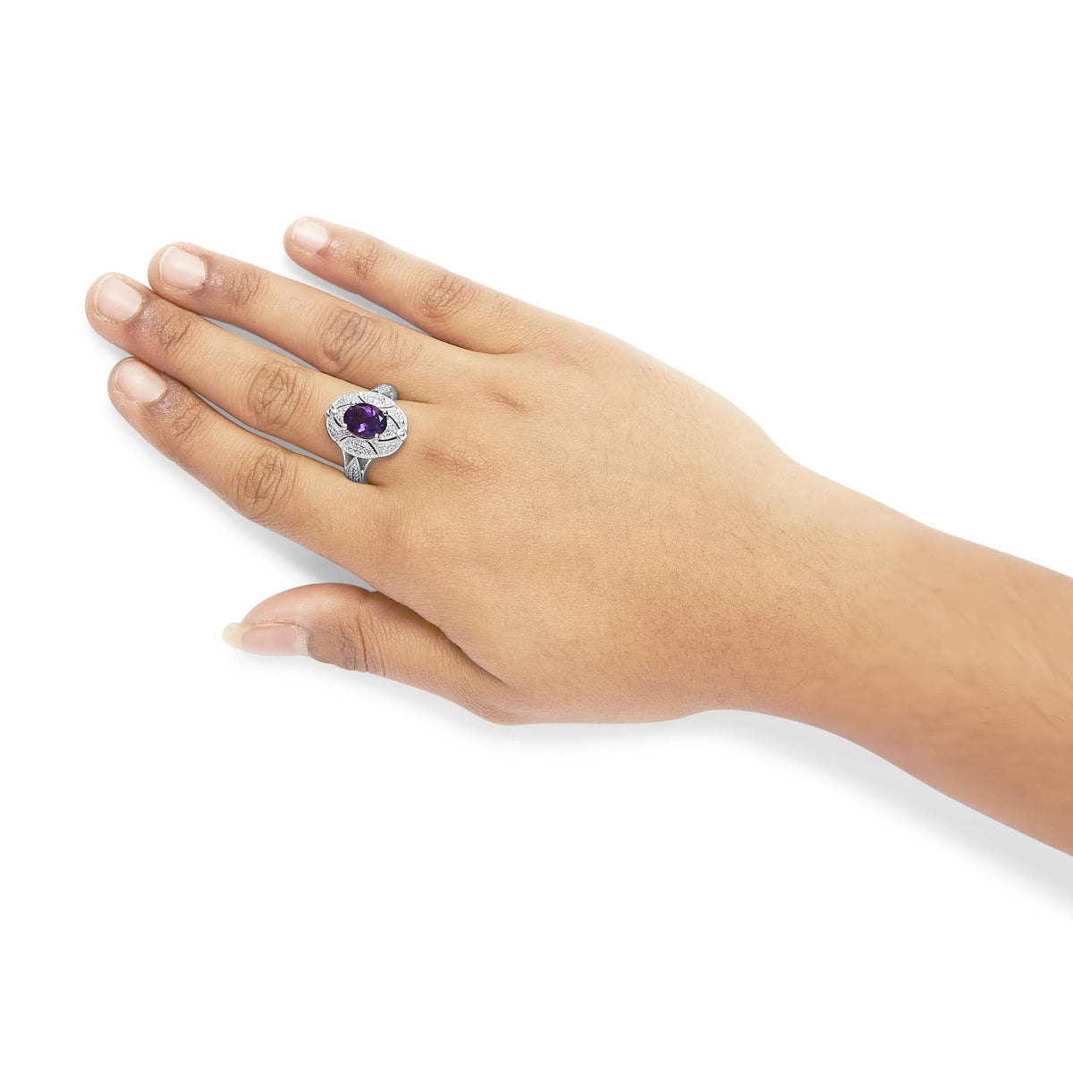 .925 Sterling Silver 9x7mm Oval Purple Amethyst and Round Diamond Accent Fashion Cocktail Ring (I - J Color, I1 - I2 Clarity) - LinkagejewelrydesignLinkagejewelrydesign