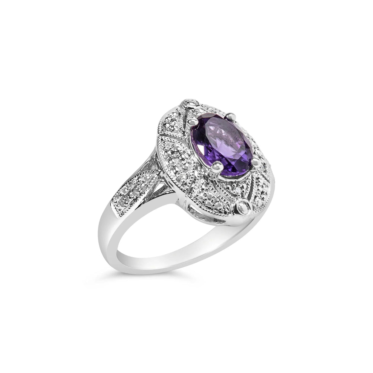 .925 Sterling Silver 9x7mm Oval Purple Amethyst and Round Diamond Accent Fashion Cocktail Ring (I - J Color, I1 - I2 Clarity) - LinkagejewelrydesignLinkagejewelrydesign
