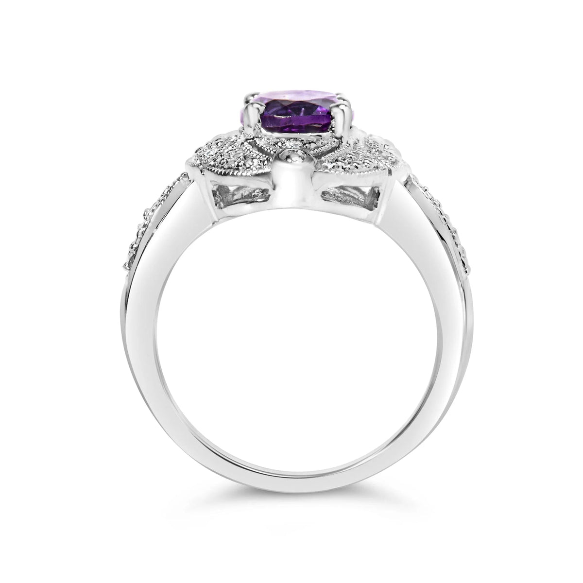.925 Sterling Silver 9x7mm Oval Purple Amethyst and Round Diamond Accent Fashion Cocktail Ring (I - J Color, I1 - I2 Clarity) - LinkagejewelrydesignLinkagejewelrydesign
