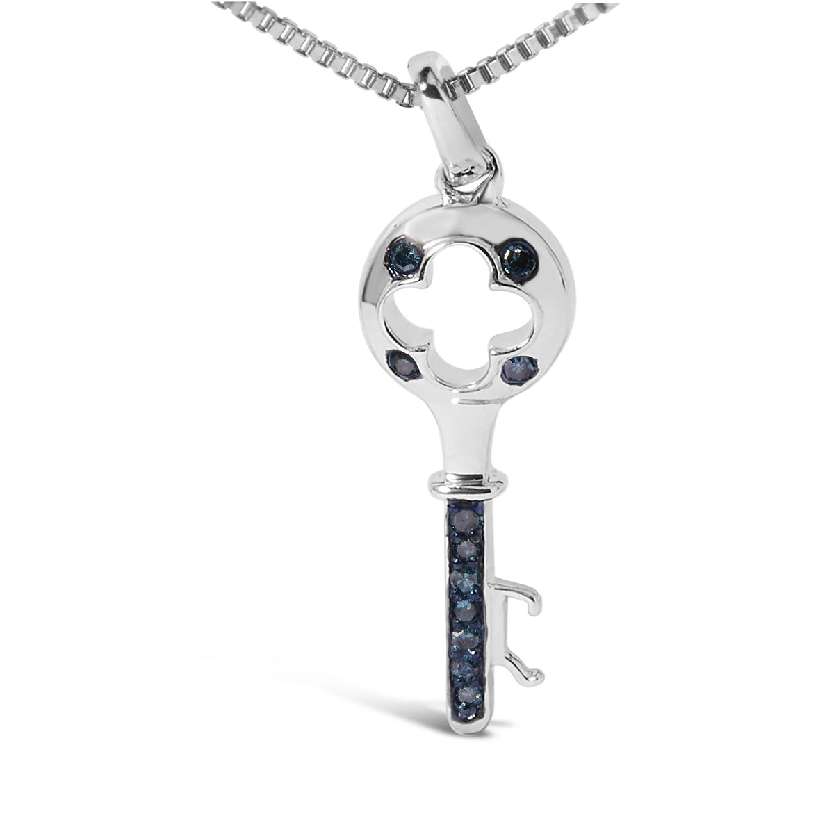 .925 Sterling Silver Blue Diamond Accent Key Pendant Necklace (Blue Color, I2 - I3 Clarity) - 18&quot; Inches - LinkagejewelrydesignLinkagejewelrydesign