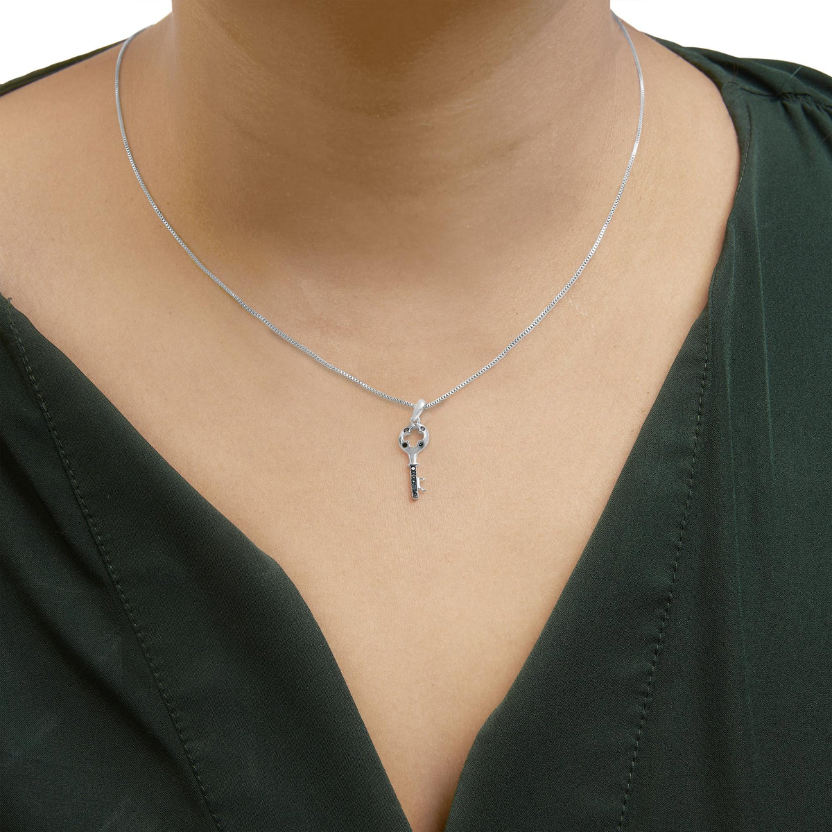.925 Sterling Silver Blue Diamond Accent Key Pendant Necklace (Blue Color, I2 - I3 Clarity) - 18&quot; Inches - LinkagejewelrydesignLinkagejewelrydesign