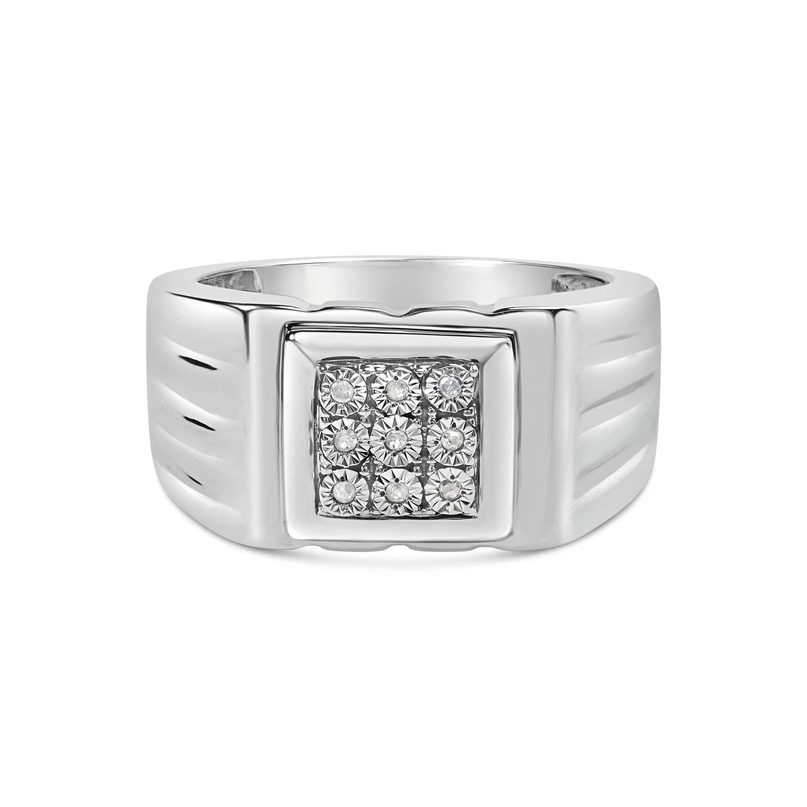 .925 Sterling Silver Diamond Accent Miracle - Set 9 Stone Ridged Band Gentlemen's Fashion Ring (I - J Color, I3 Clarity) - Size 10 - LinkagejewelrydesignLinkagejewelrydesign