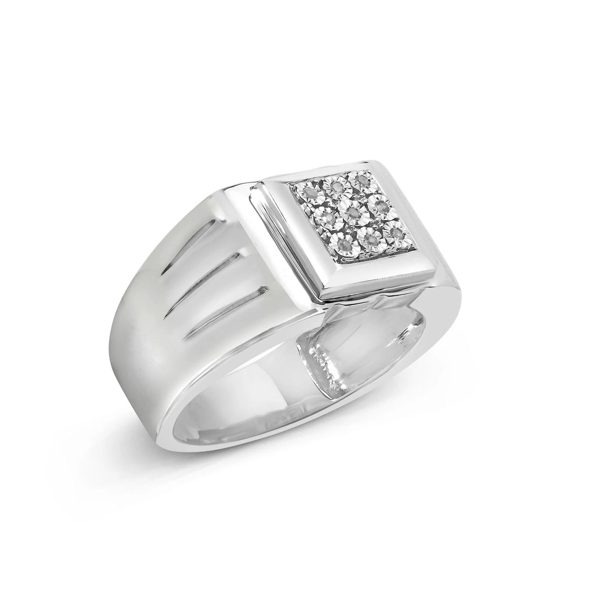 .925 Sterling Silver Diamond Accent Miracle - Set 9 Stone Ridged Band Gentlemen's Fashion Ring (I - J Color, I3 Clarity) - Size 10 - LinkagejewelrydesignLinkagejewelrydesign
