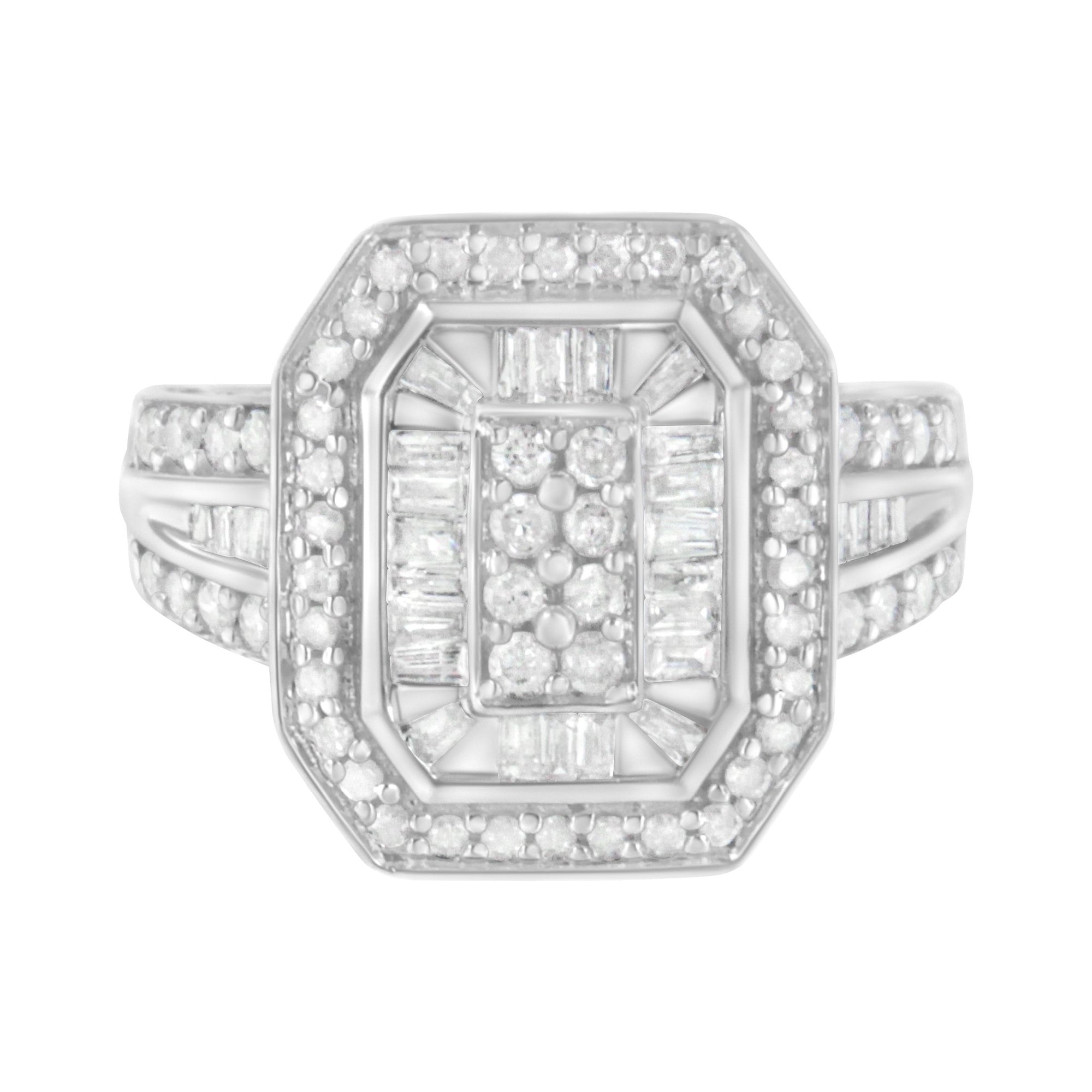 .925 Sterling Silver Round and Baguette Diamond Cathedral Ring (0.75 Cttw, H - I Color, I2 - I3 Clarity) - LinkagejewelrydesignLinkagejewelrydesign