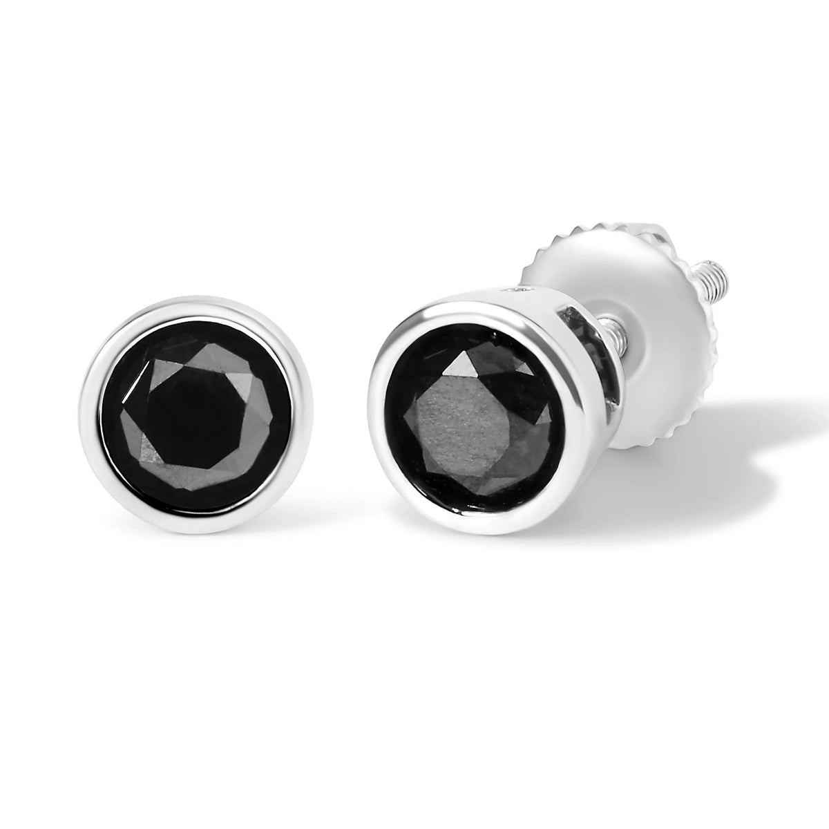 .925 Sterling Silver Round Brilliant - Cut Black Diamond Bezel - Set Stud Earrings with Screw Backs (Fancy Color - Enhanced, I2 - I3 Clarity) - LinkagejewelrydesignLinkagejewelrydesign
