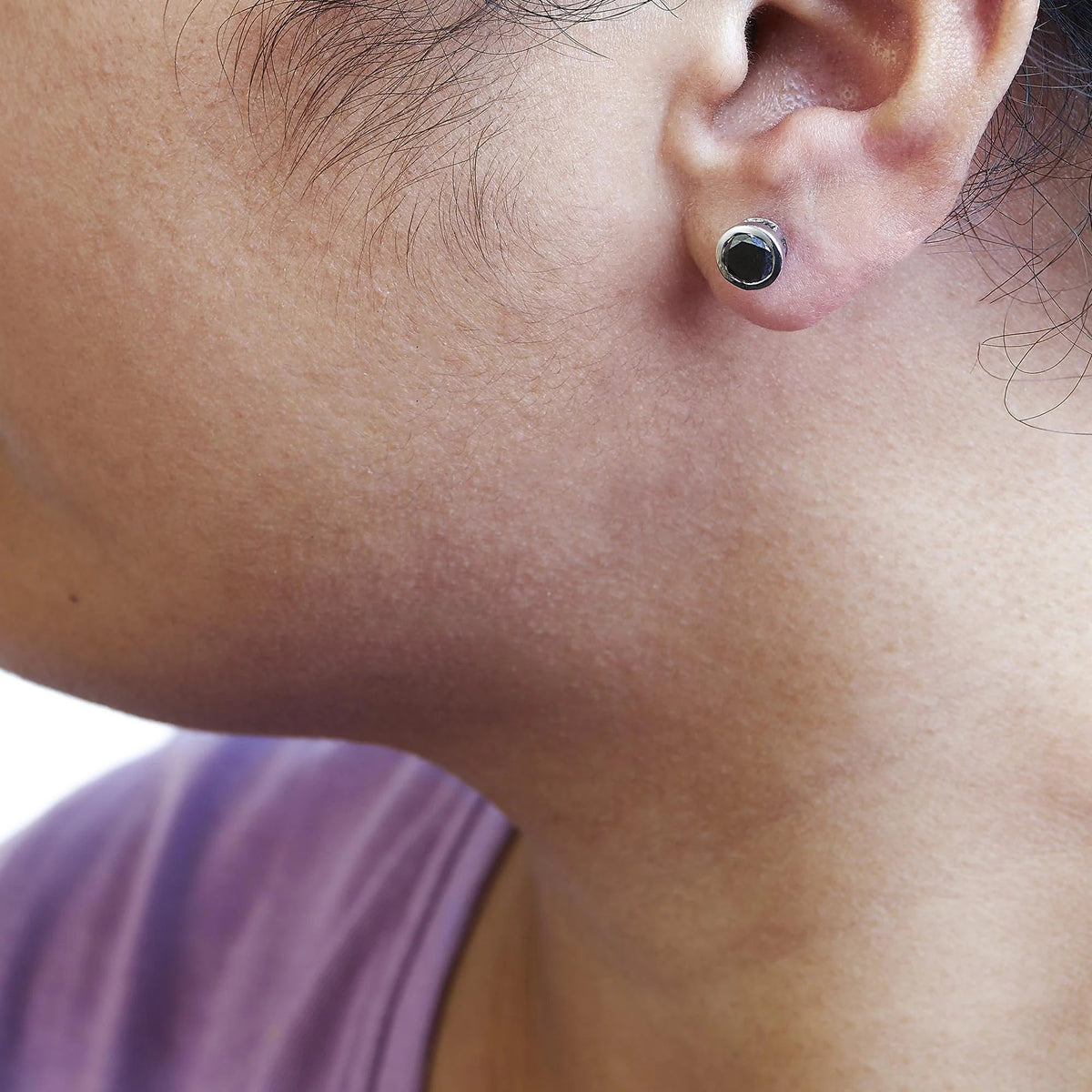 .925 Sterling Silver Round Brilliant - Cut Black Diamond Bezel - Set Stud Earrings with Screw Backs (Fancy Color - Enhanced, I2 - I3 Clarity) - LinkagejewelrydesignLinkagejewelrydesign