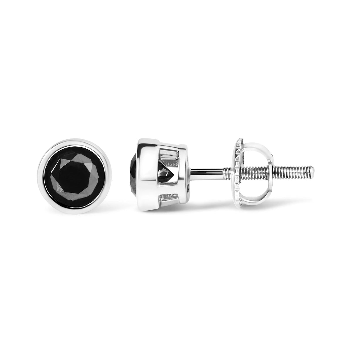 .925 Sterling Silver Round Brilliant - Cut Black Diamond Bezel - Set Stud Earrings with Screw Backs (Fancy Color - Enhanced, I2 - I3 Clarity) - LinkagejewelrydesignLinkagejewelrydesign