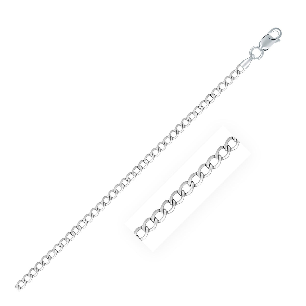 Rhodium Plated Sterling Silver Curb Style Chain (3.00 mm)