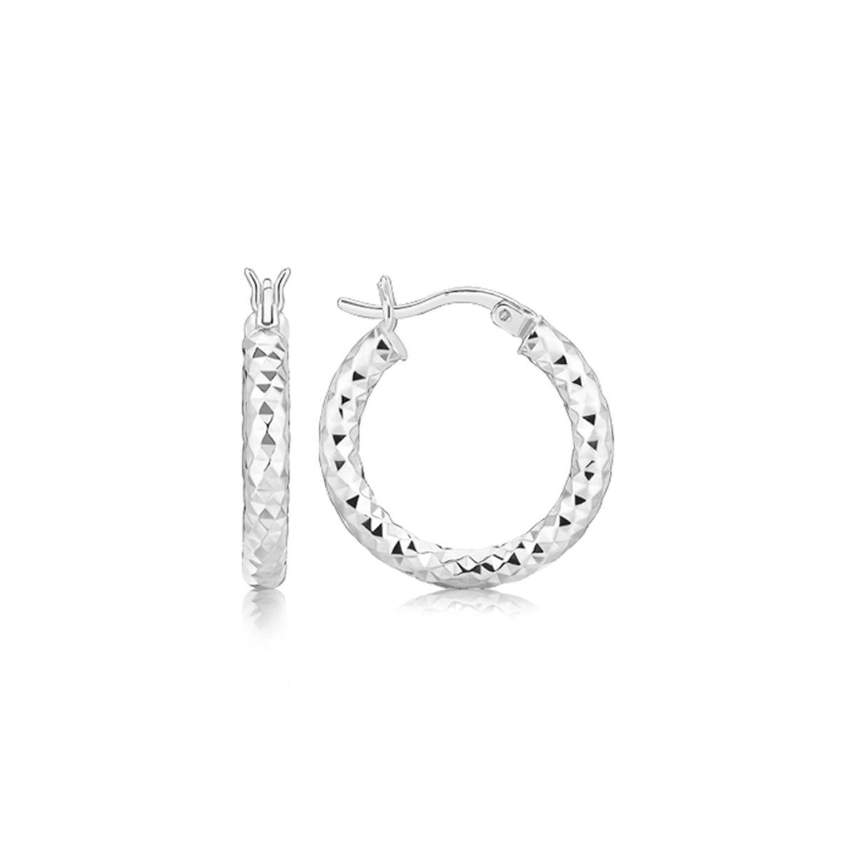 Sterling Silver Polished Rhodium Plated Faceted Hoop Style Earrings(3x15mm)