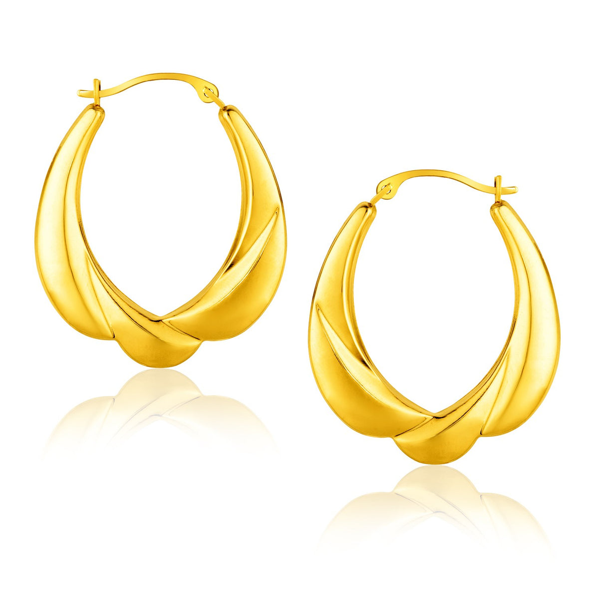 14K Yellow Gold Scallop Motif Graduated Oval Hoop Earrings