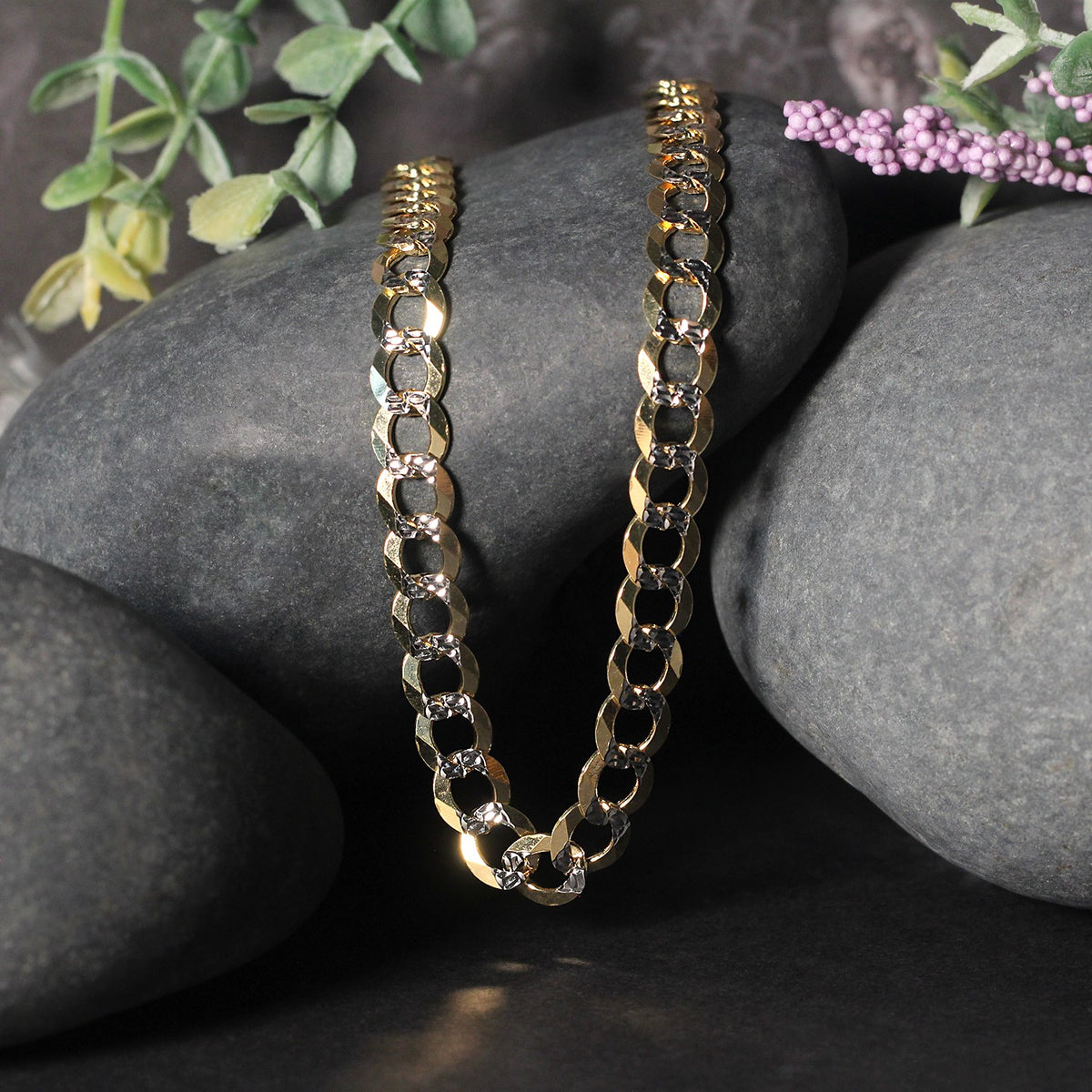 14k Two Tone Gold Pave Curb Chain (7.00 mm)