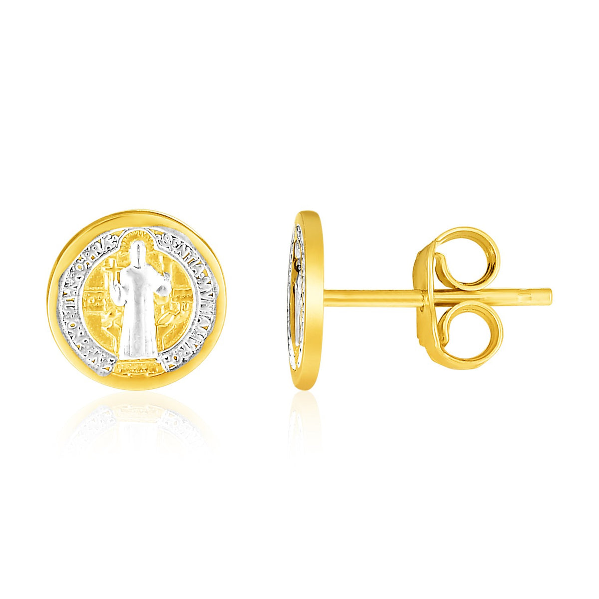 14k Two Tone Gold Round Religious Medallion Post Earrings(8mm)