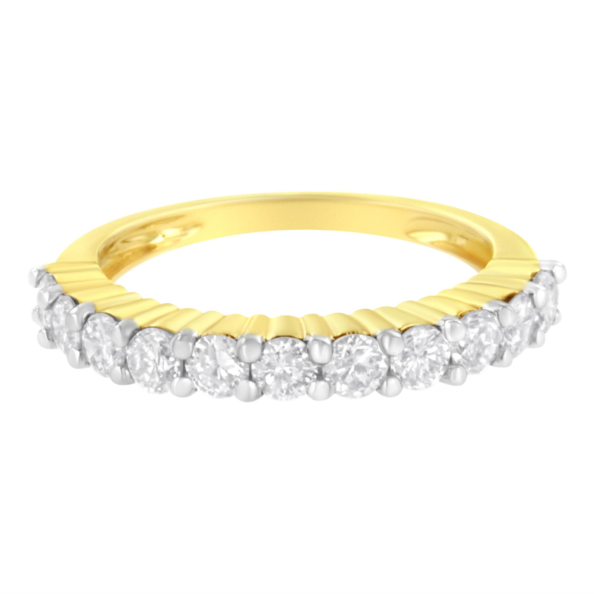 IGI Certified 14K Yellow Gold Plated .925 Sterling Silver 1.0 cttw Shared Prong Set Brilliant Round-Cut Diamond 11 Stone Band Ring (J-K Color, SI1-SI2 Clarity) - Size 7