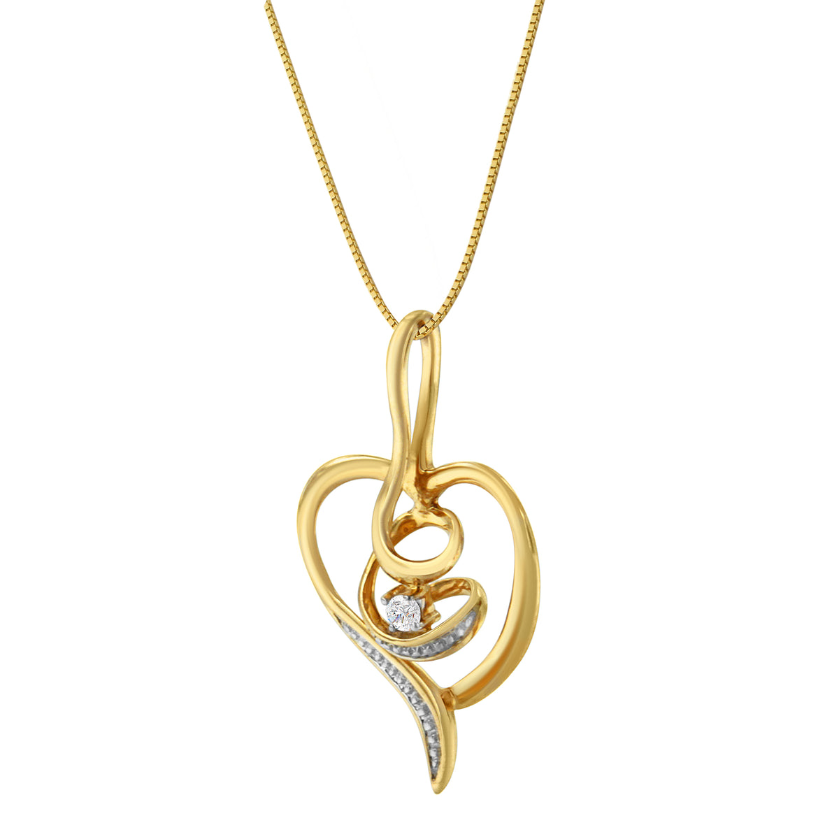 Espira 10K Yellow Gold .03 Cttw Diamond-Accented Round-Cut Diamond Swirl Open Heart 18&quot; Pendant Necklace (I-J Color, I2-I3 Clarity)