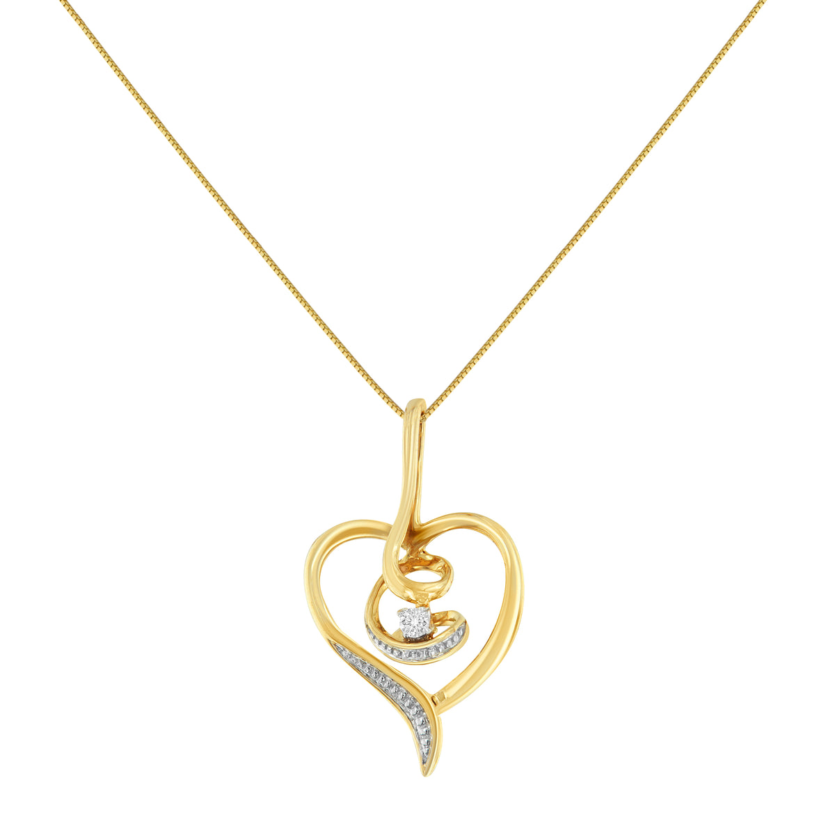 Espira 10K Yellow Gold .03 Cttw Diamond-Accented Round-Cut Diamond Swirl Open Heart 18&quot; Pendant Necklace (I-J Color, I2-I3 Clarity)