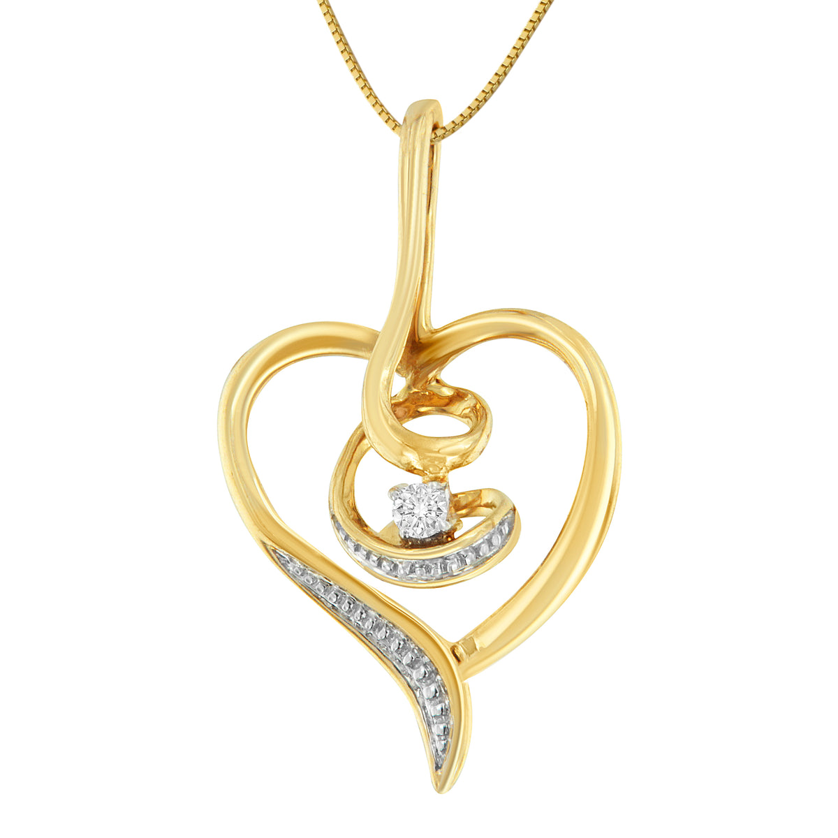 Espira 10K Yellow Gold .03 Cttw Diamond-Accented Round-Cut Diamond Swirl Open Heart 18&quot; Pendant Necklace (I-J Color, I2-I3 Clarity)