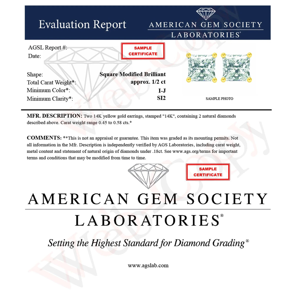 AGS Certified 14k Gold 4 - Prong Set Princess - Cut Solitaire Diamond Push Back Stud Earrings (I - J Color, SI2 - I1 Clarity) - LinkagejewelrydesignLinkagejewelrydesign