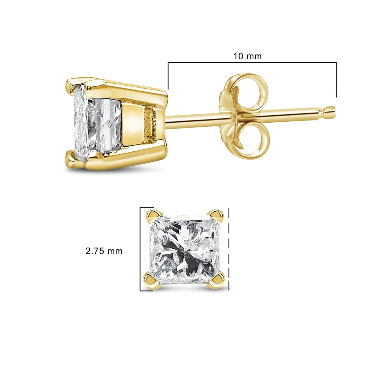 AGS Certified Princess - Cut Square Diamond 4 - Prong Solitaire Stud Earrings in 14K Gold (N - O Color, I1 - I2 Clarity) - LinkagejewelrydesignLinkagejewelrydesign