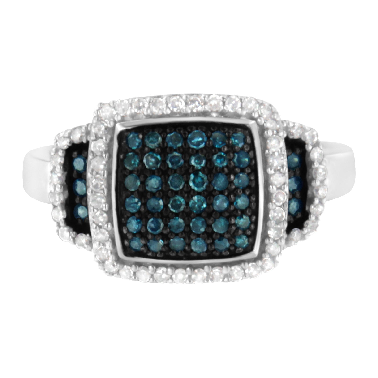 Black Rhodium Plated .925 Sterling Silver 1/2 Cttw White & Blue Diamond Square Halo Cocktail Ring (Fancy Blue & H - I Color, I2 - I3 Clarity) - LinkagejewelrydesignLinkagejewelrydesign