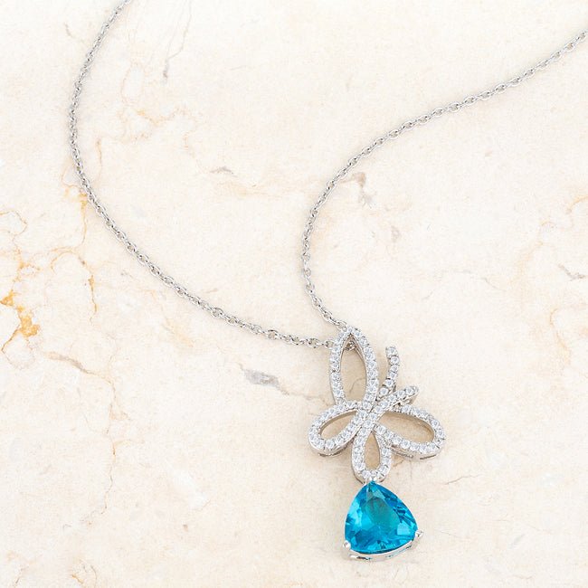 Claudia 2.3ct Aqua CZ Rhodium Butterfly Drop Necklace - LinkagejewelrydesignLinkagejewelrydesign