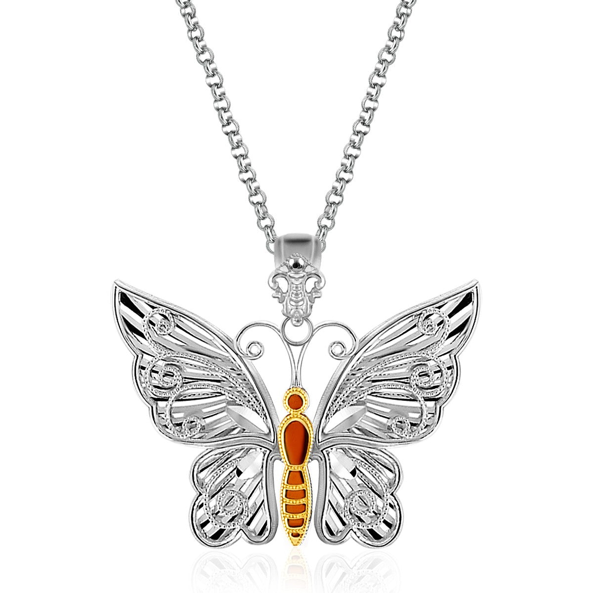 Designer Sterling Silver and 14K Yellow Gold Butterfly Pendant - LinkagejewelrydesignLinkagejewelrydesign