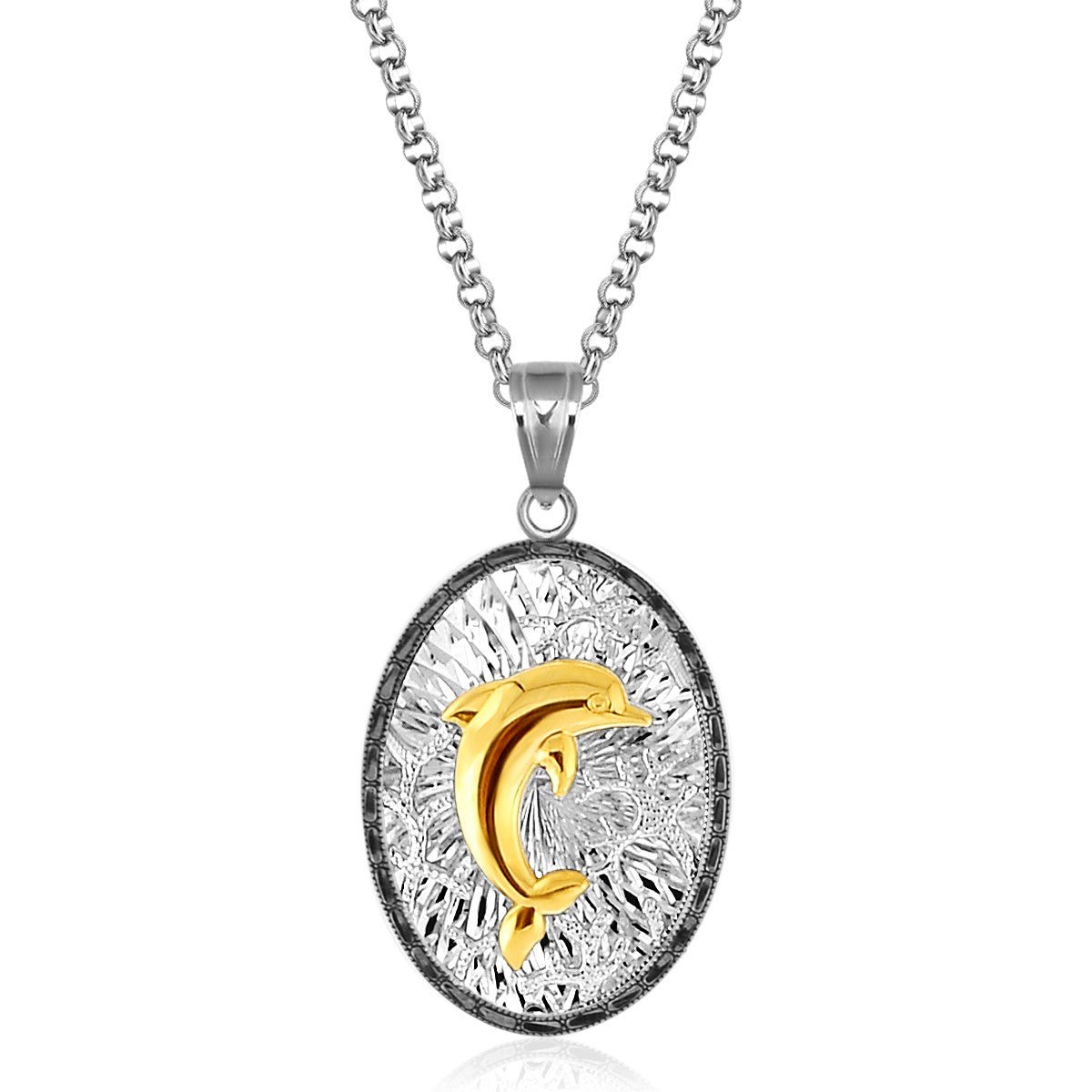 Designer Sterling Silver and 14K Yellow Gold Dolphin Pendant with Black Crystal - LinkagejewelrydesignLinkagejewelrydesign