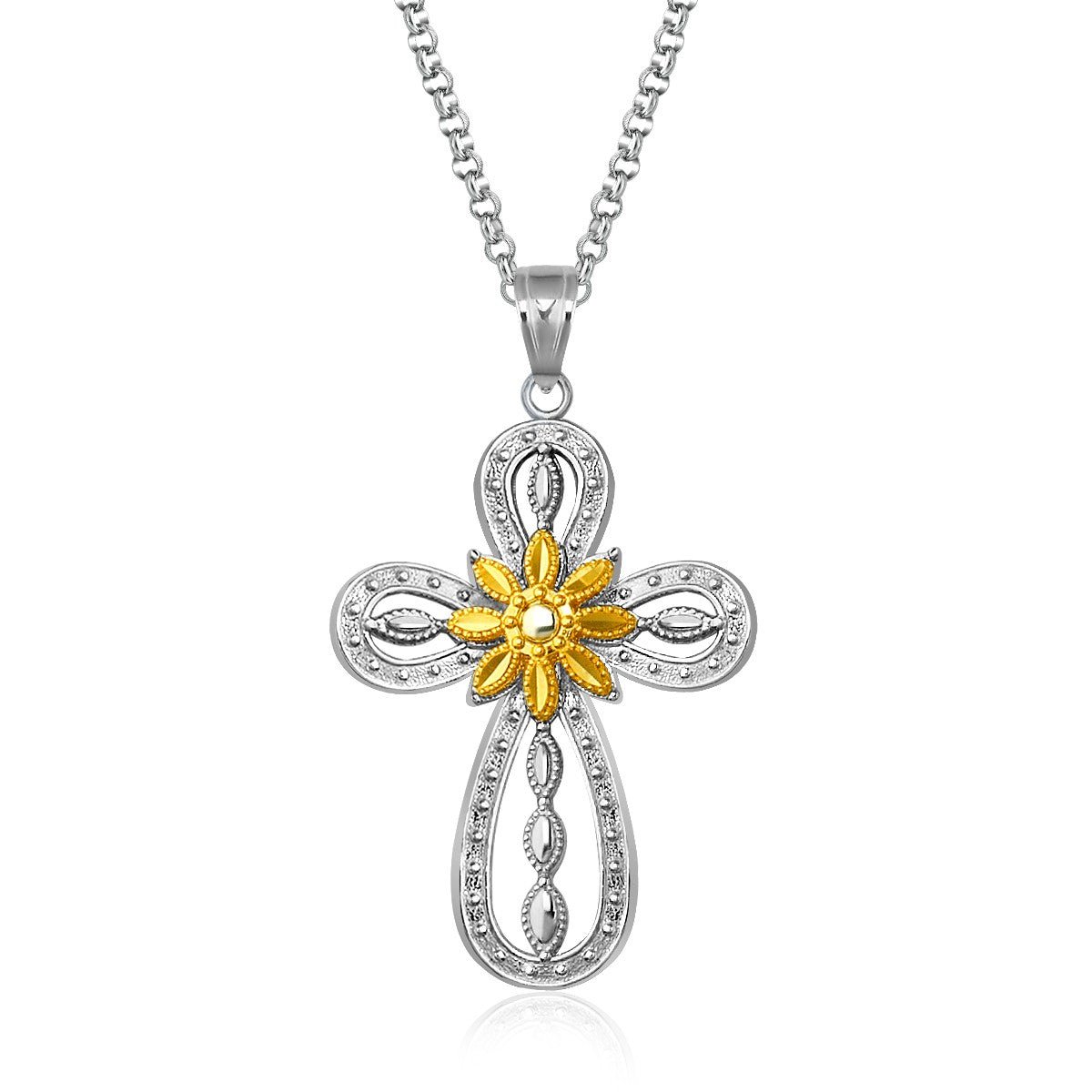 Designer Sterling Silver and 14K Yellow Gold Open Loop Cross Pendant - LinkagejewelrydesignLinkagejewelrydesign