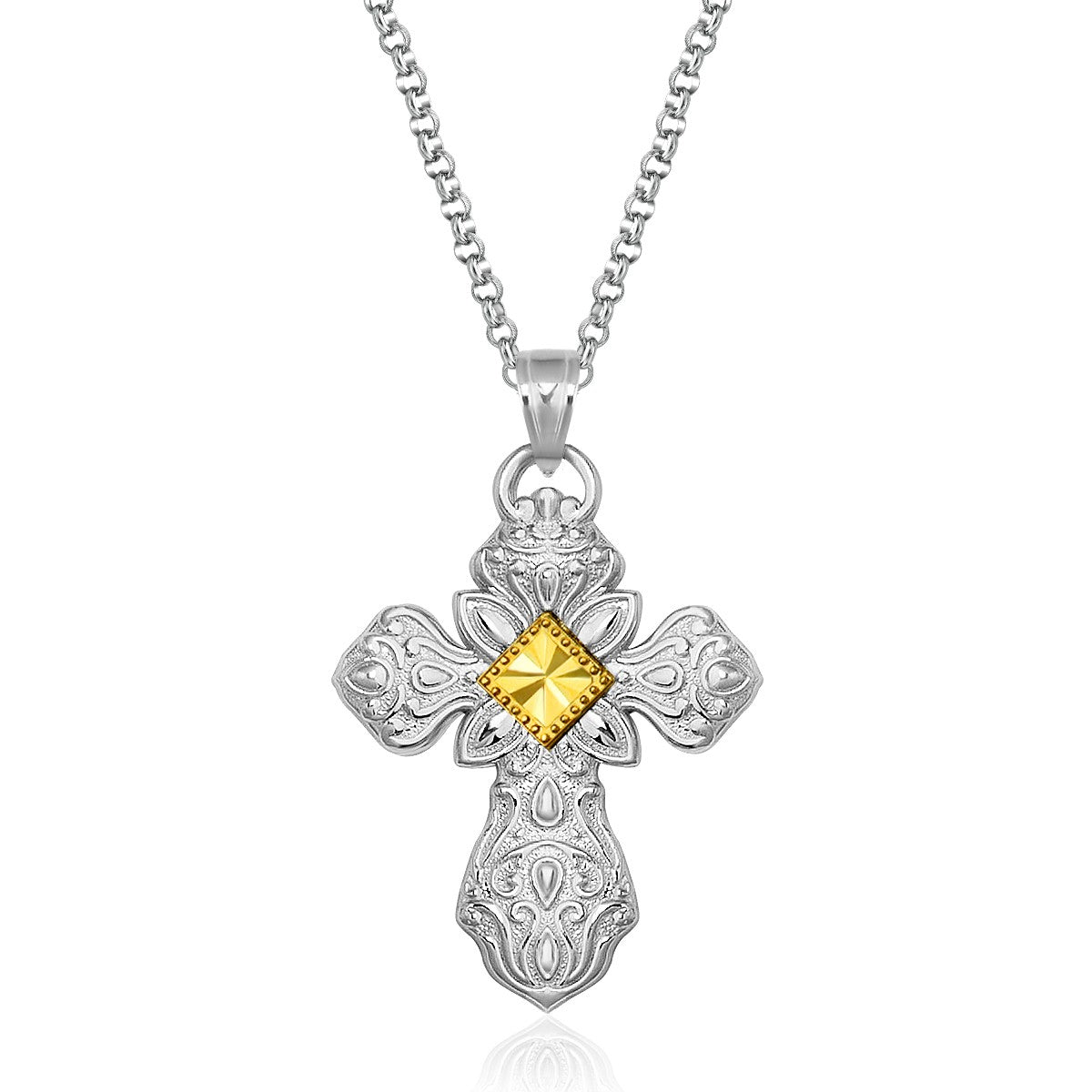 Designer Sterling Silver and 14K Yellow Gold Ornamental Cross Pendant - LinkagejewelrydesignLinkagejewelrydesign