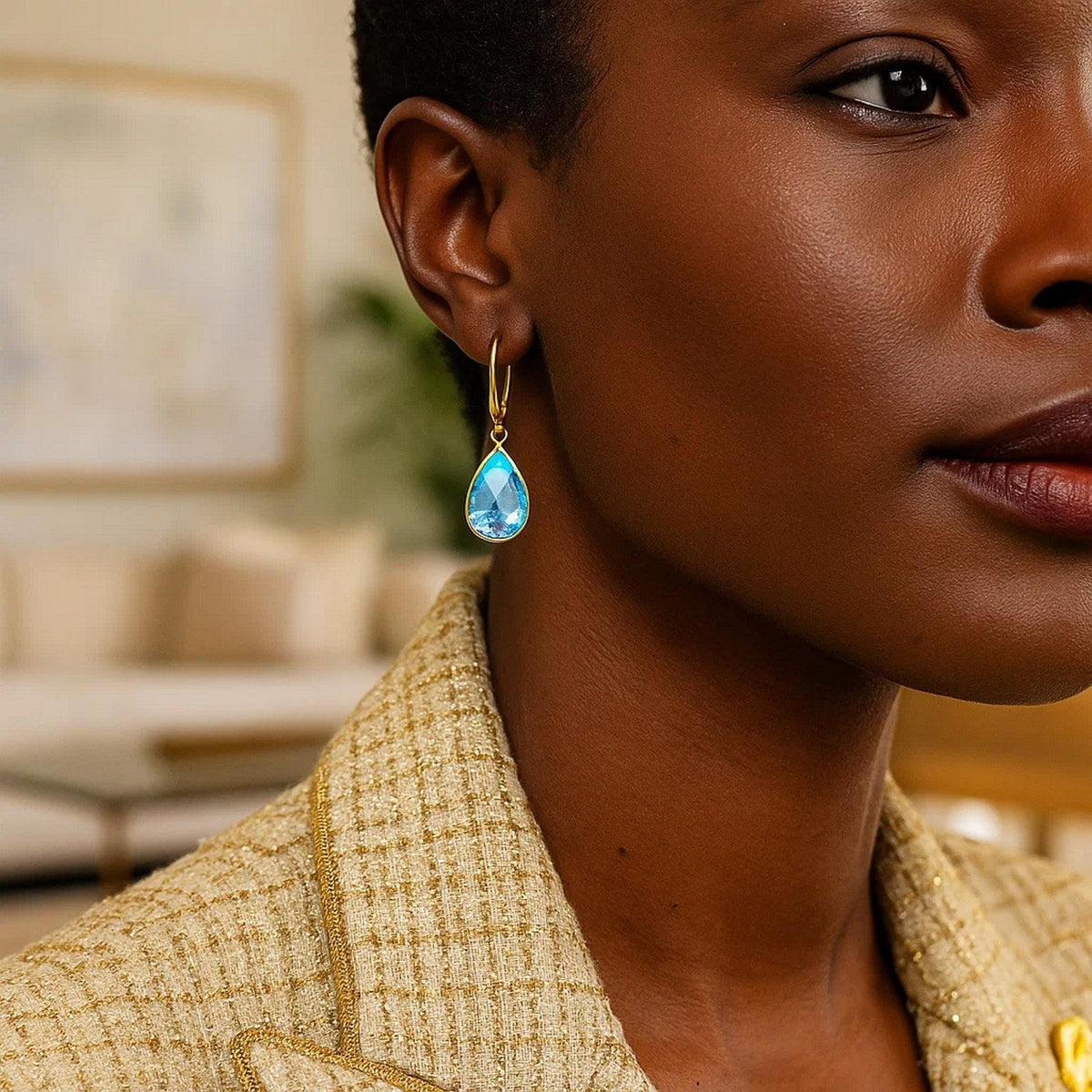 Drop Earrings with Pear - Shaped Blue Topaz Briolettes in 14k Yellow Gold - LinkagejewelrydesignLinkagejewelrydesign